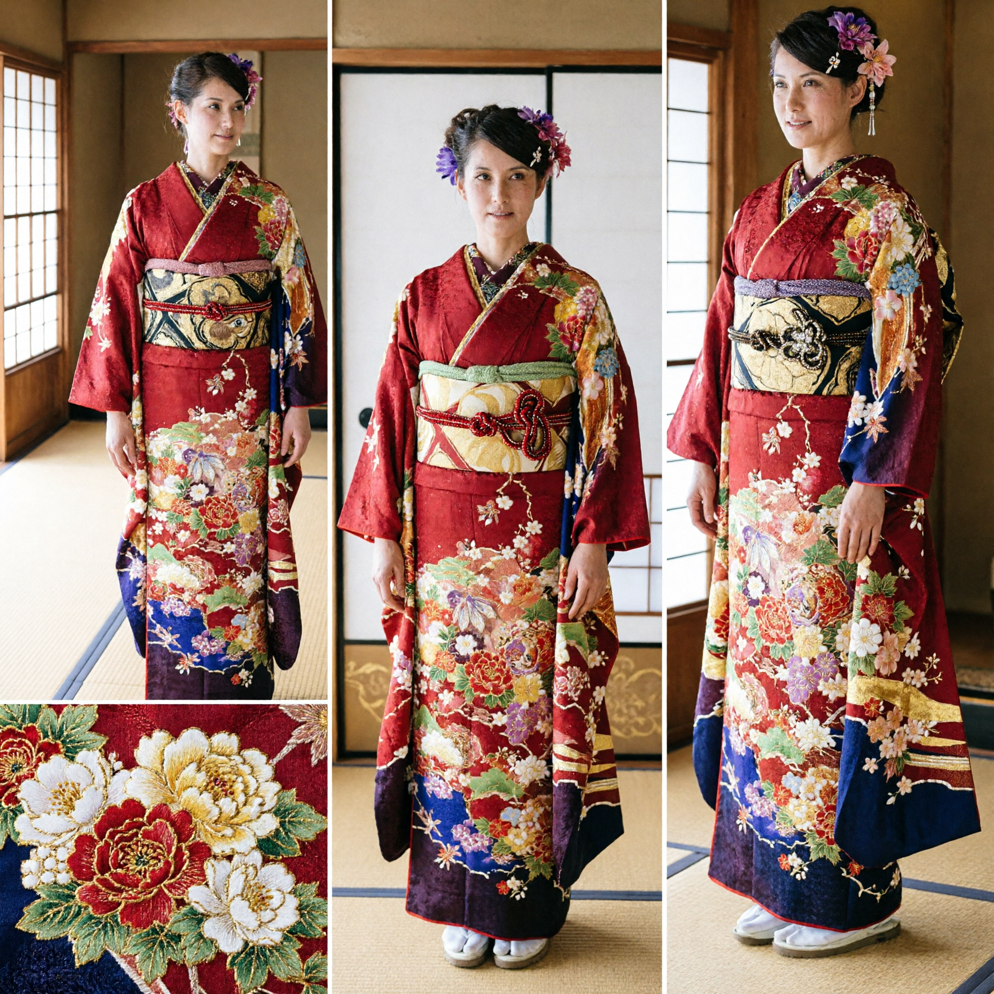 Women's Traditional Japanese Red Floral Kimono Set with Obi Sash for Wedding and Photoshoots - Asian Costume