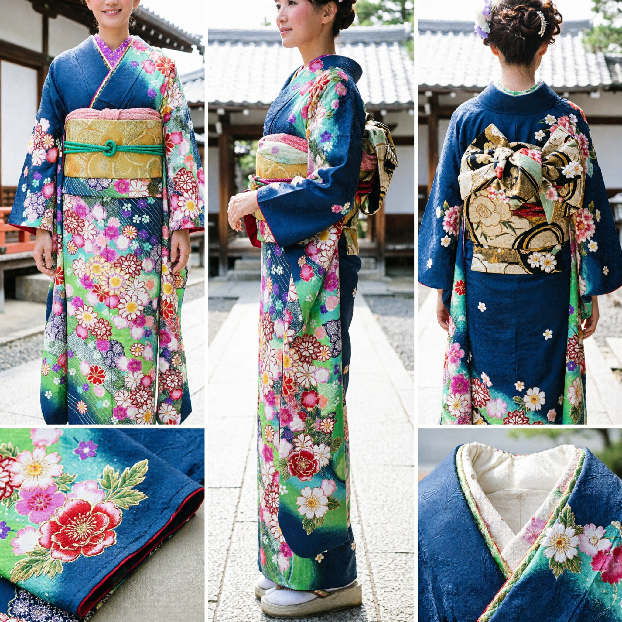 Traditional Japanese Furisode Kimono for Women Colorful Floral Pattern Formal Wedding and Ceremony Costume - Asian Costume