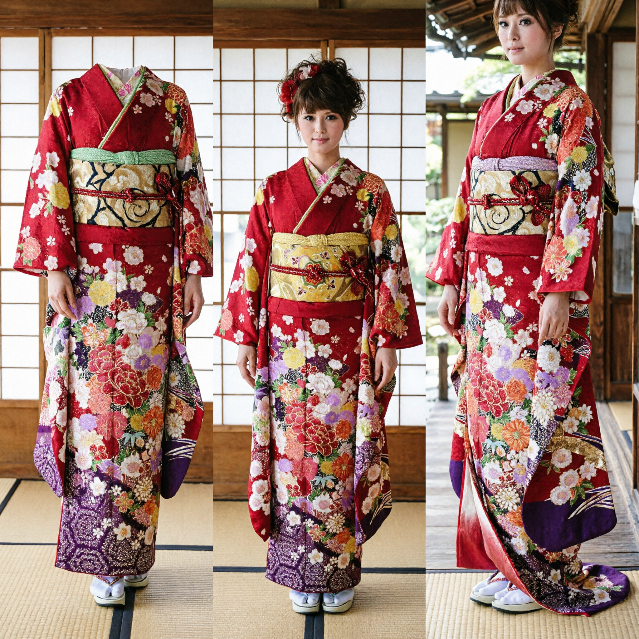 Traditional Japanese Red Floral Kimono Costume for Women Geisha Cosplay Dress with Obi Sash - Asian Costume
