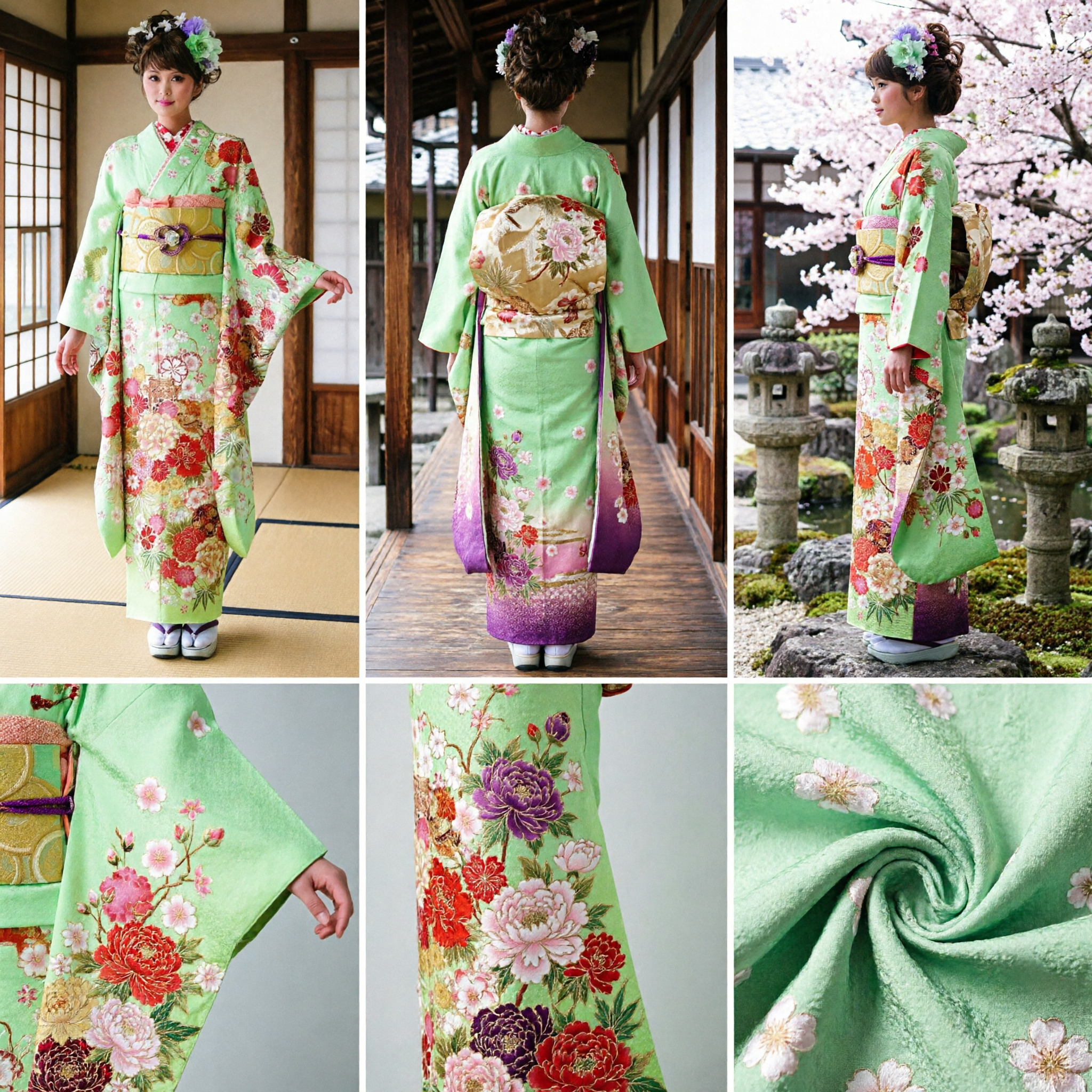 Vibrant Green Floral Japanese Kimono Traditional Formal Wear Women's Cultural Costume for Special Occasions - Asian Costume
