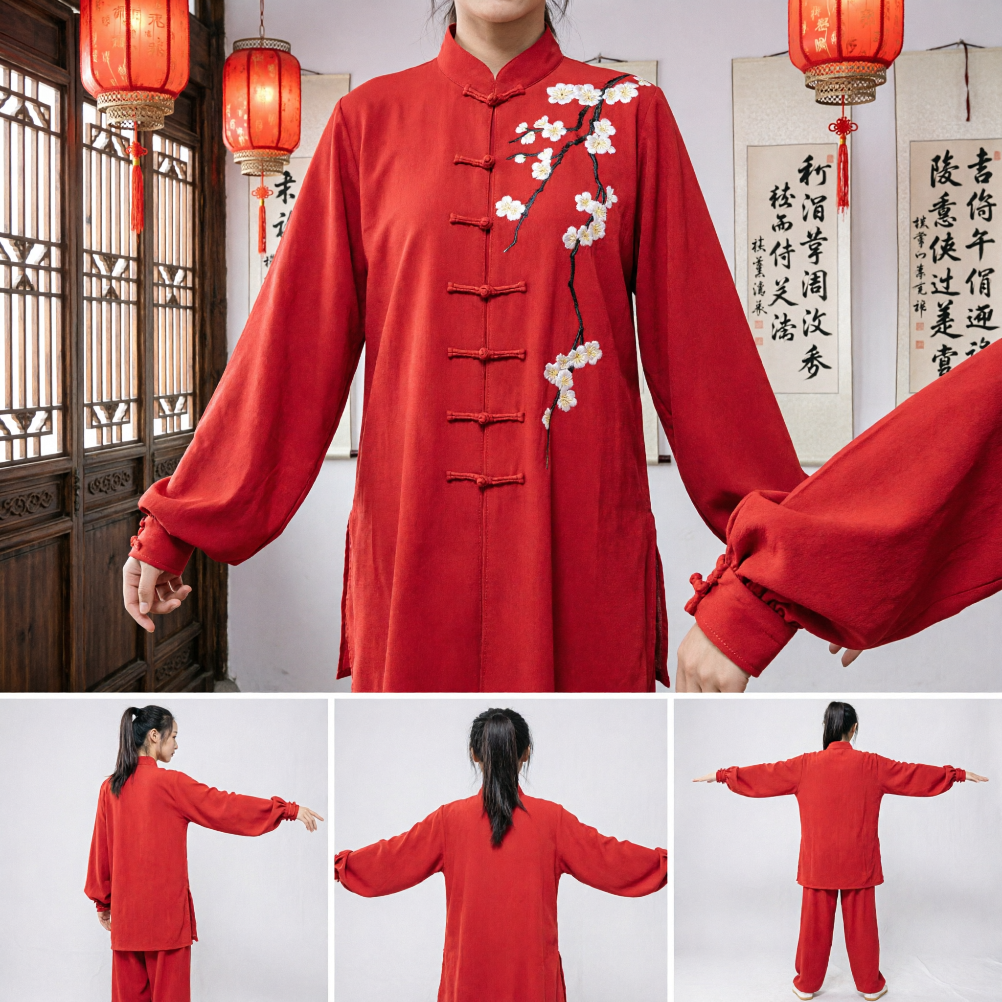 Women's Red Traditional Chinese Kung Fu Uniform with Plum Blossom Embroidery Tai Chi Martial Arts Set - Asian Costume