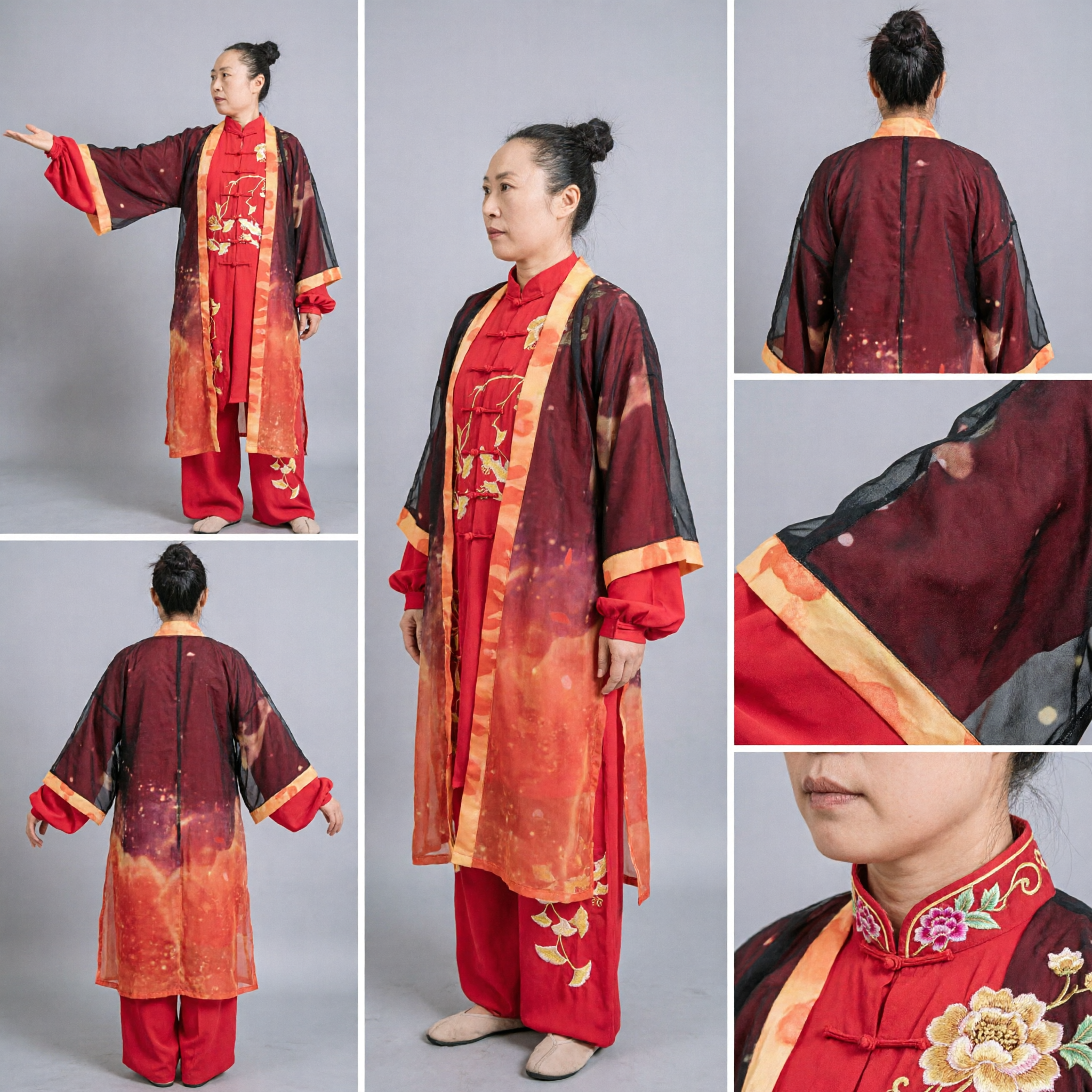 Women's Red Traditional Tai Chi Uniform Kung Fu Costume Silk Martial Arts Clothing with Ginkgo Leaf Design - Asian Costume