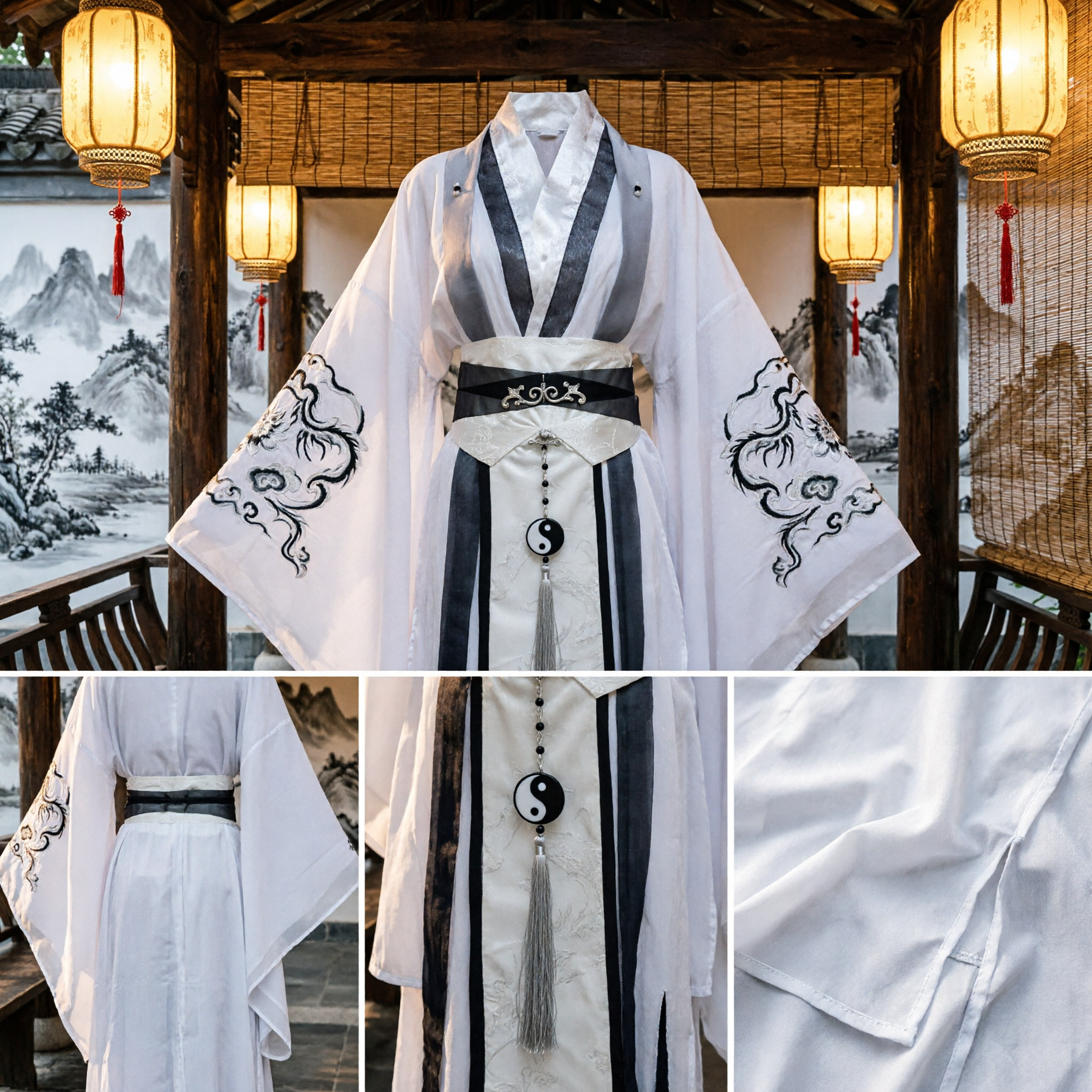 Men's Traditional Chinese Hanfu Taoist Priest Robe White Ancient Swordsman Cosplay Costume for Performance - Asian Costume