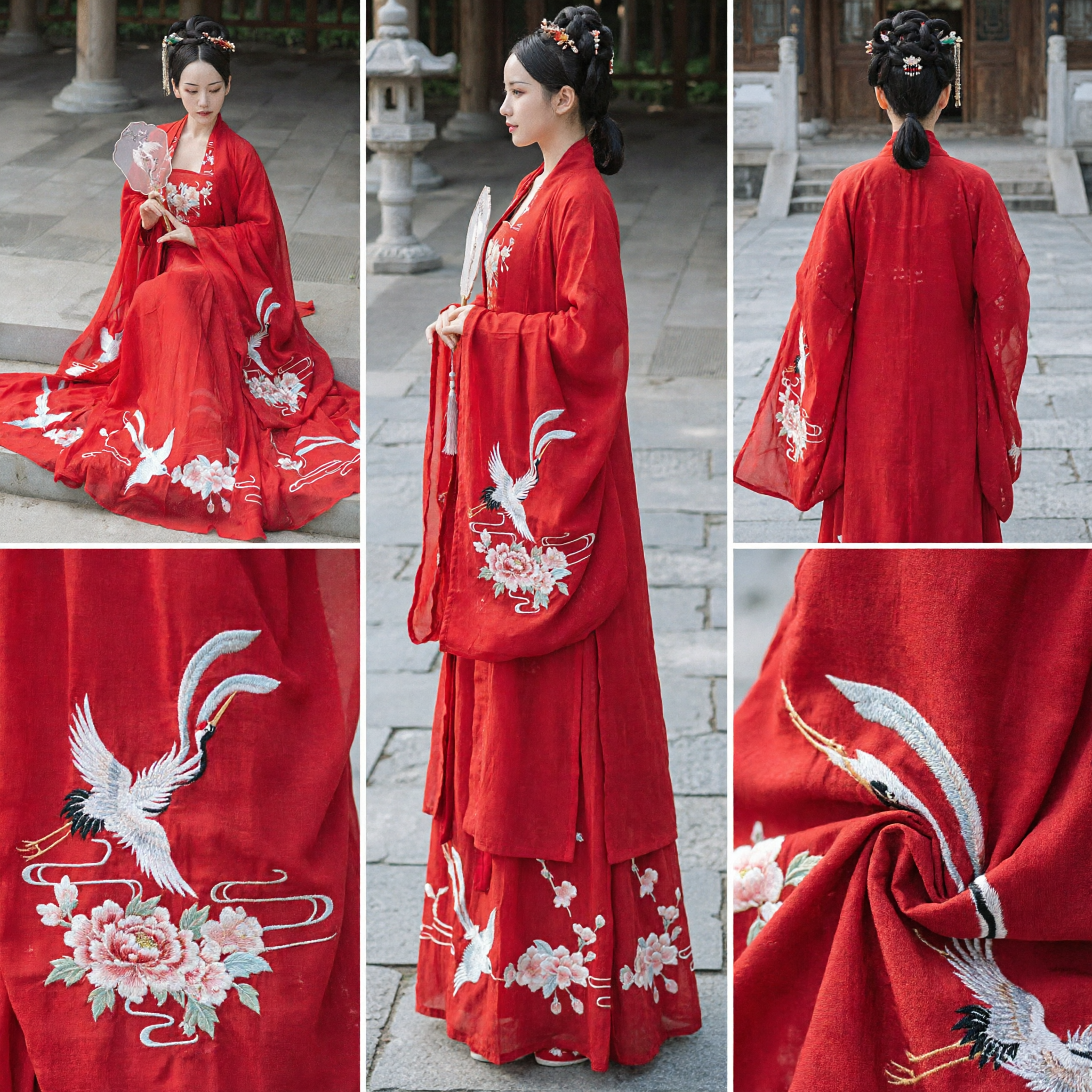 Traditional Red Hanfu Dress for Women featuring Crane Embroidery Wide Sleeves for Wedding and Hanfu Festival - Asian Costume