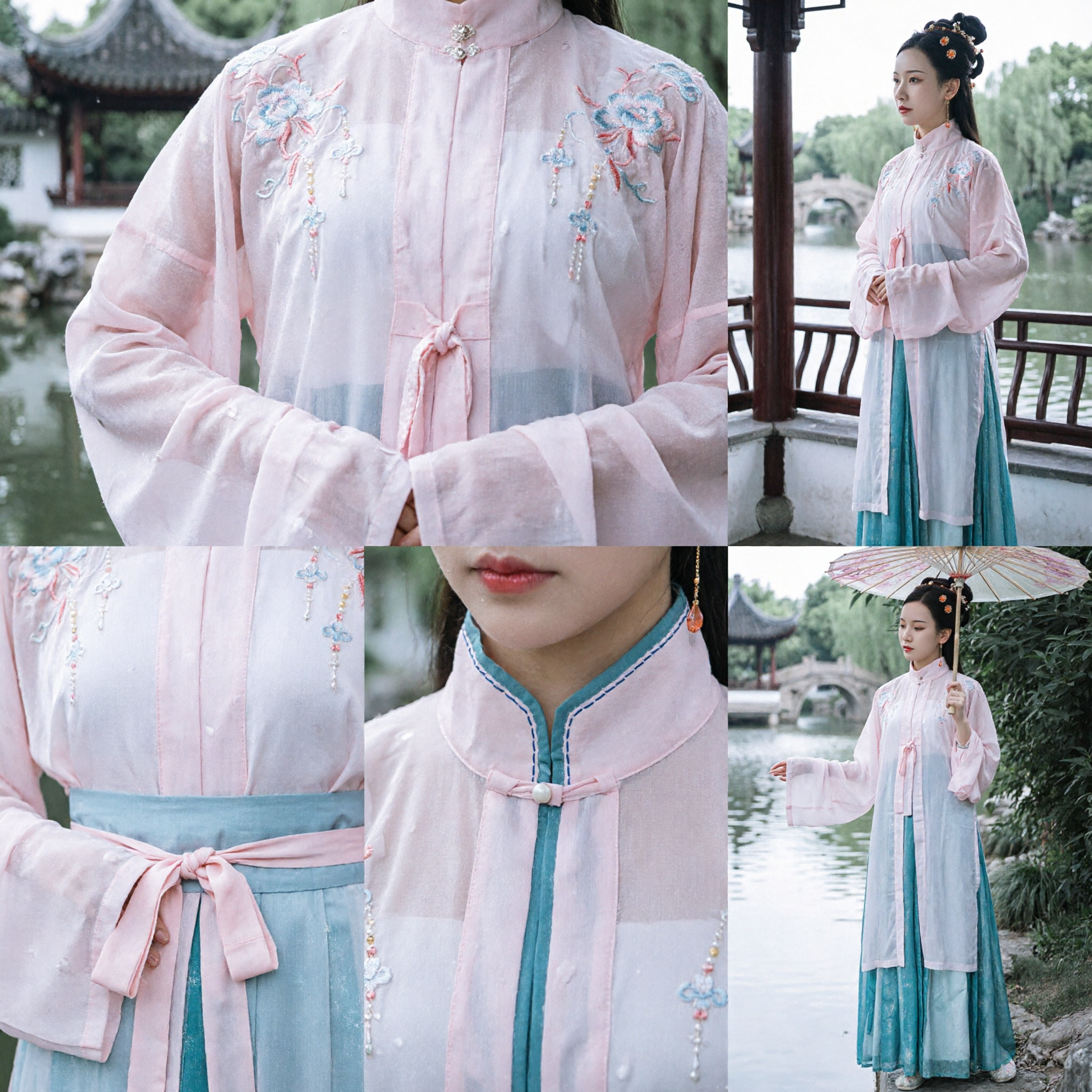 Elegant Pink and Teal Hanfu Traditional Chinese Clothing Ming Dynasty Style Embroidered Robe Set for Women - Asian Costume