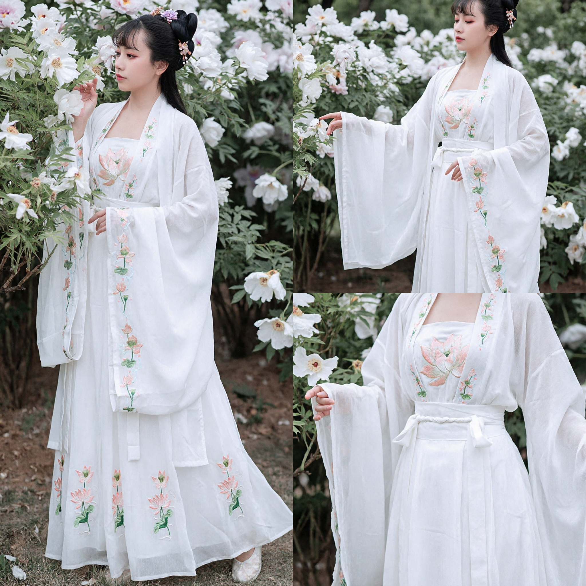Women's White Hanfu Traditional Chinese Dress Lotus Embroidery Wide Sleeve Fairy Costume for Photography and Events - Asian Costume