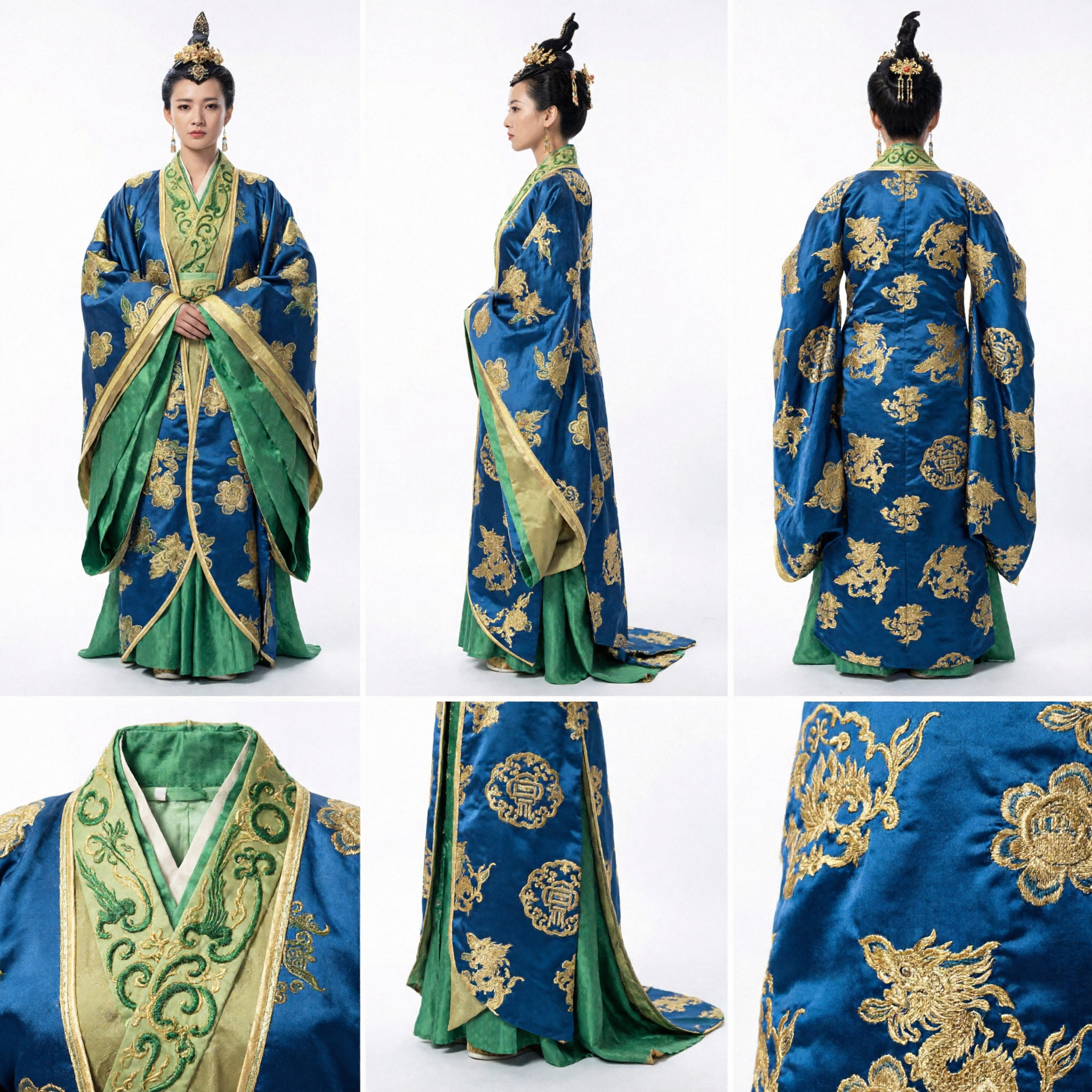 Ancient Chinese Imperial Concubine Costume Blue and Gold Embroidered Hanfu Robe for Women Historical Drama Cosplay - Asian Costume