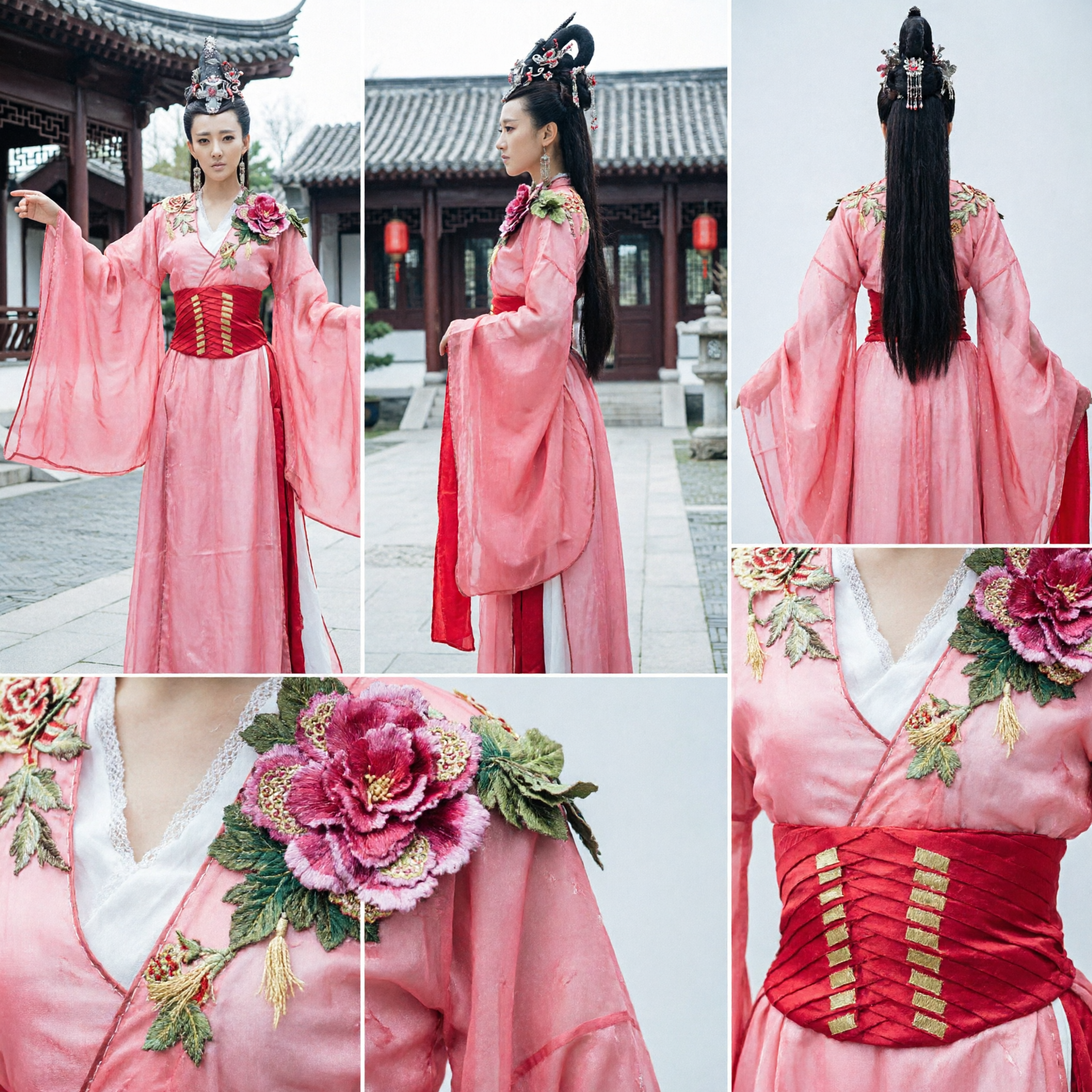 Traditional Chinese Ancient Princess Hanfu Costume Pink Dress with Headpiece for Dance Performance Cosplay - Asian Costume