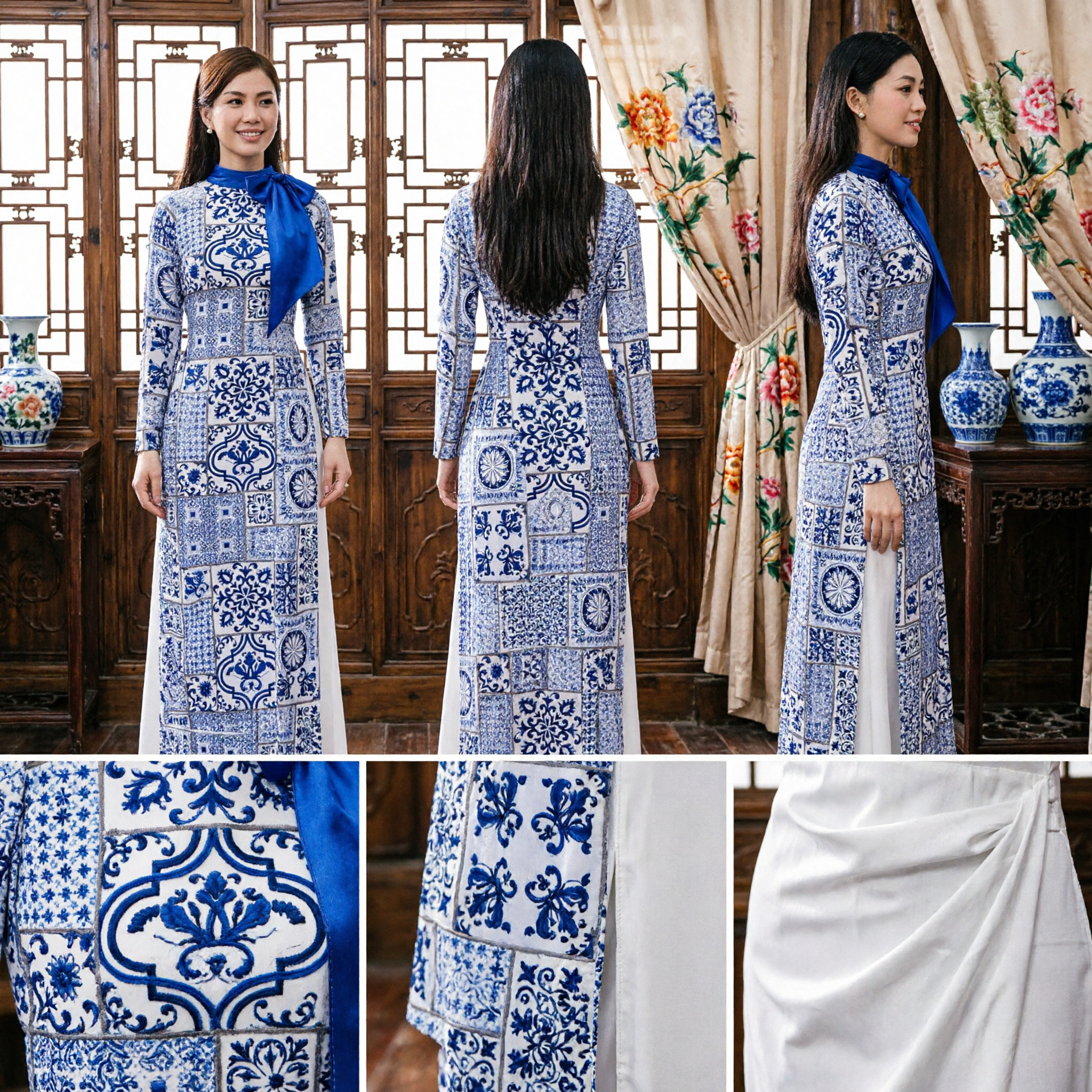 Traditional Vietnamese Ao Dai Dress Blue White Porcelain Patchwork Long Sleeve Tunic for Ladies - Asian Costume