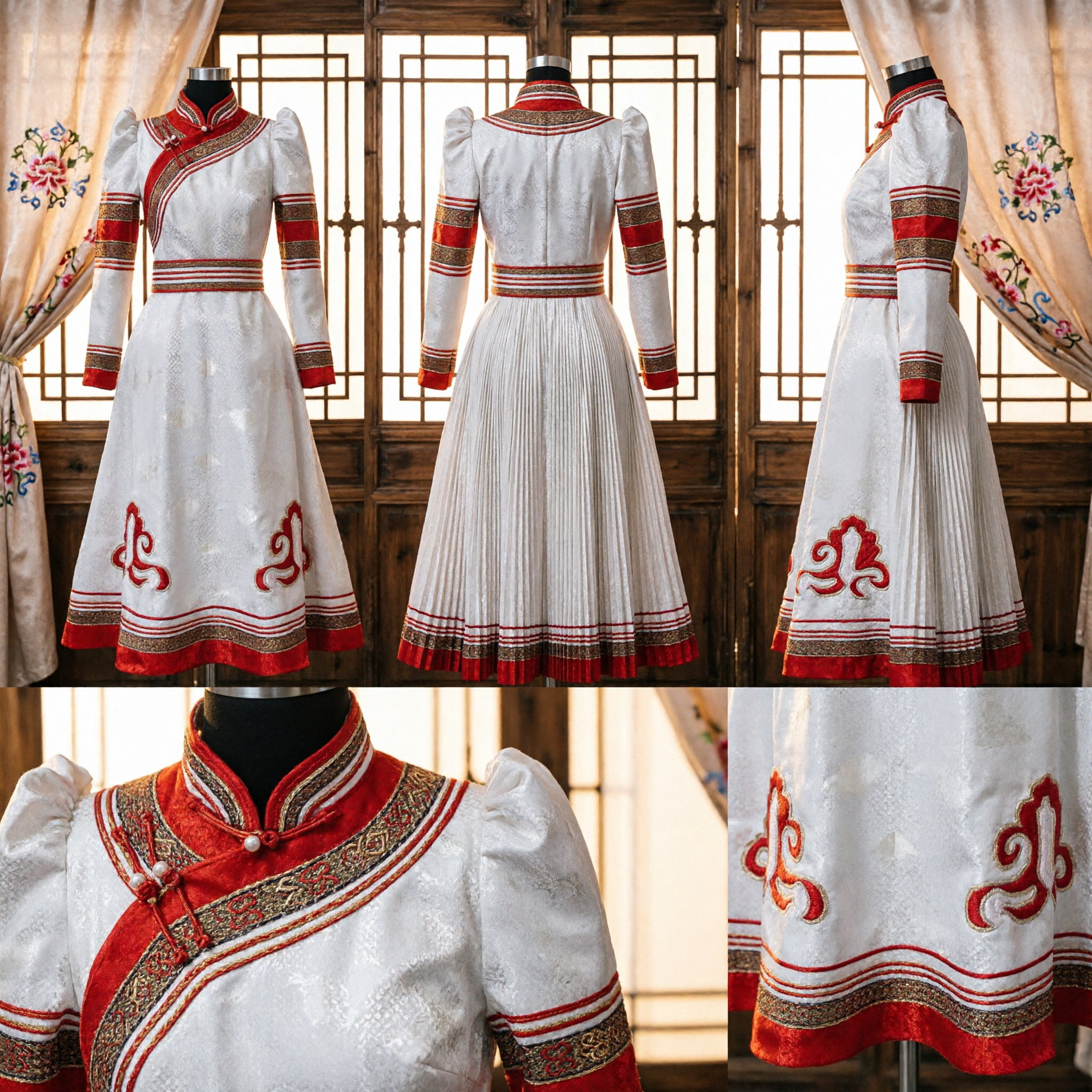 White Mongolian Traditional Dress Ethnic Costume Women's Long Sleeve Robe for Stage Performance - Asian Costume