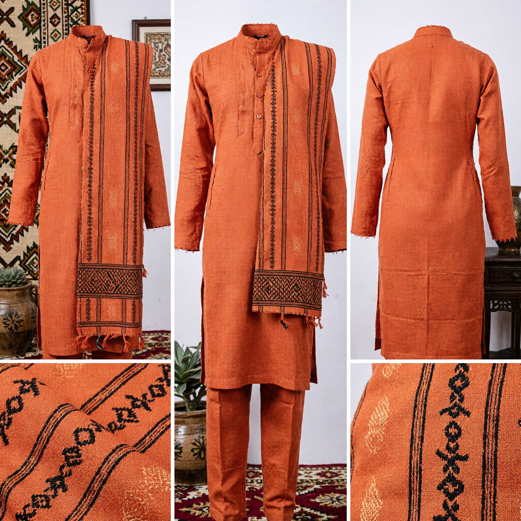 Traditional Asian Saffron Orange Geometric Striped Textile for Buddhist Monk Robes and Cultural Ceremonies - Asian Costume