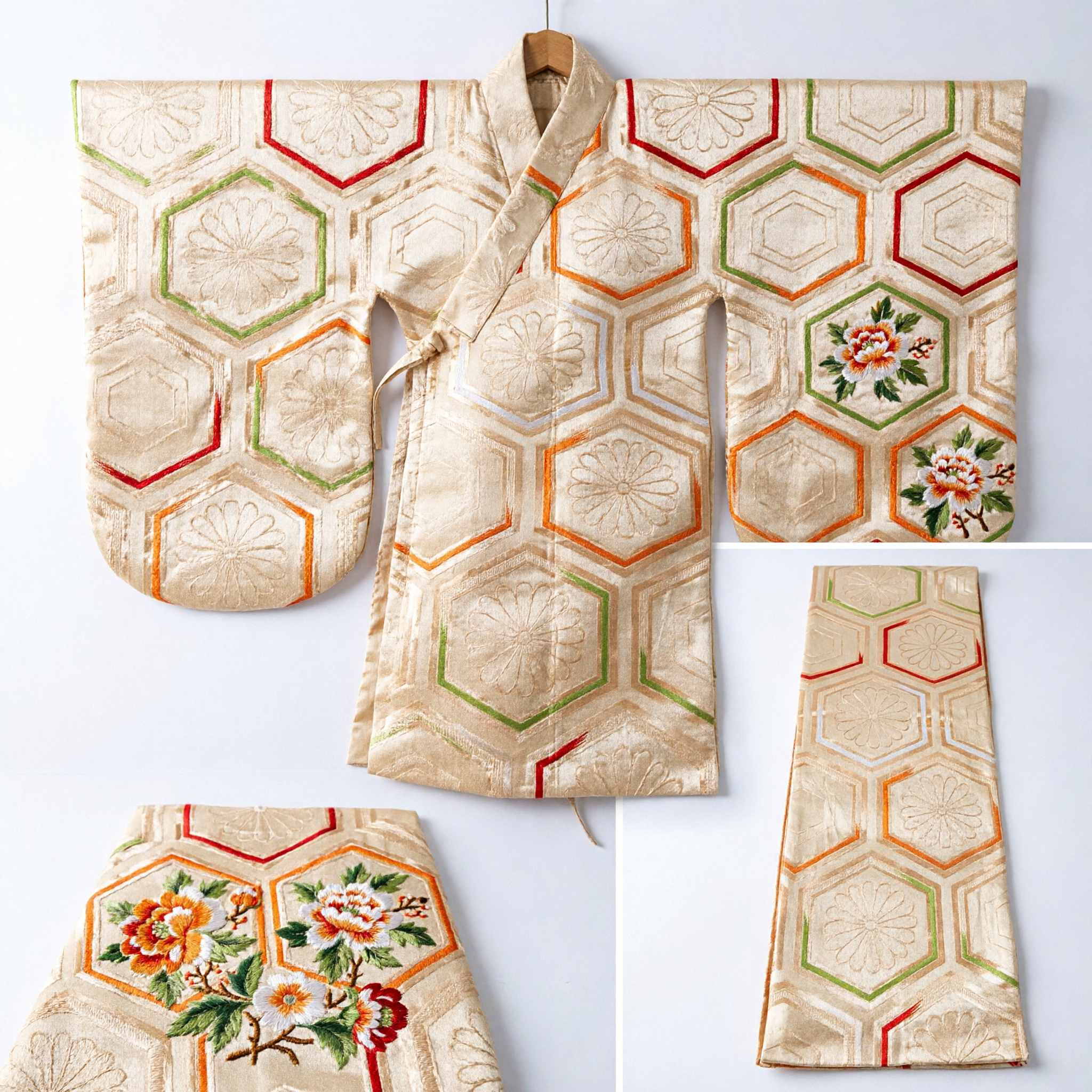 Traditional Gold Brocade Waist Sash with Hexagonal Floral Design for Asian Hanfu or Kimono Costumes - Asian Costume