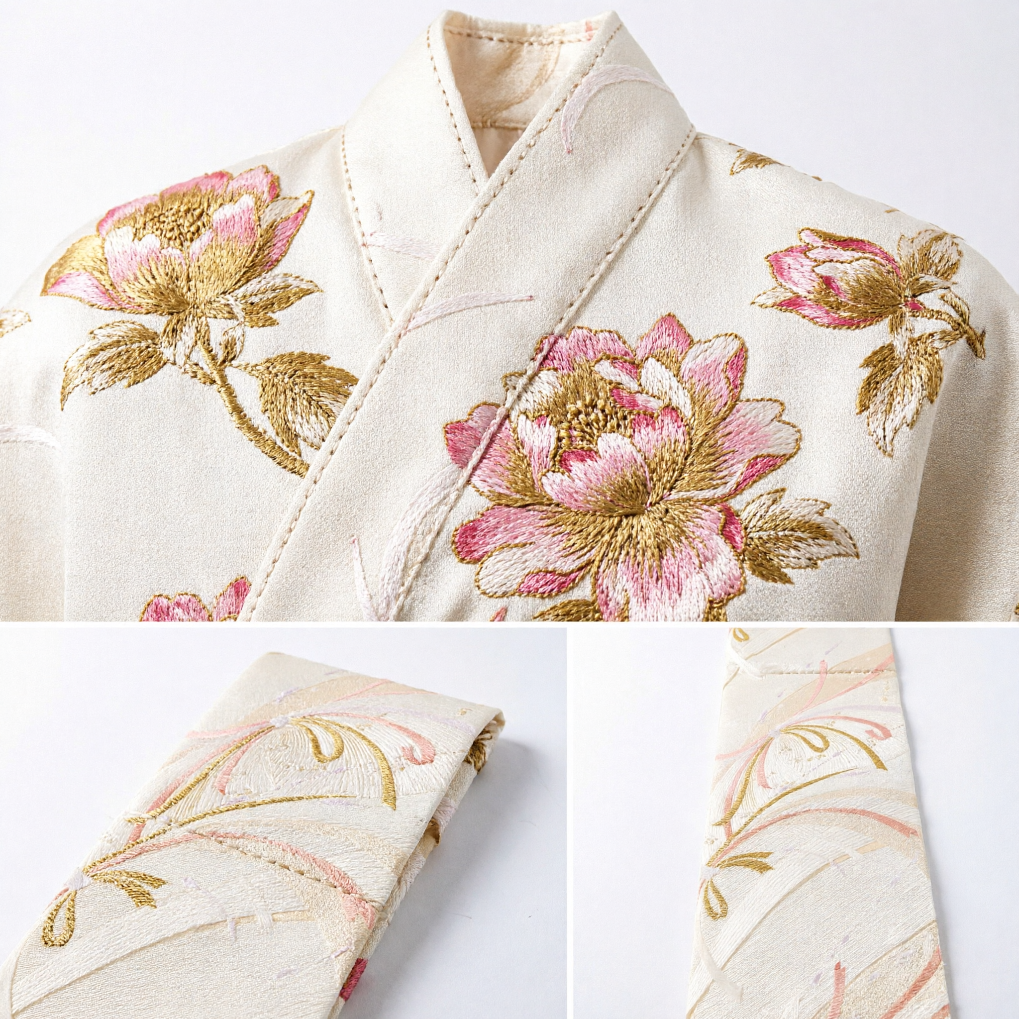 Elegant Chinese Traditional Hanfu Sash Cream Silk Brocade with Gold and Pink Floral Patterns for Women - Asian Costume