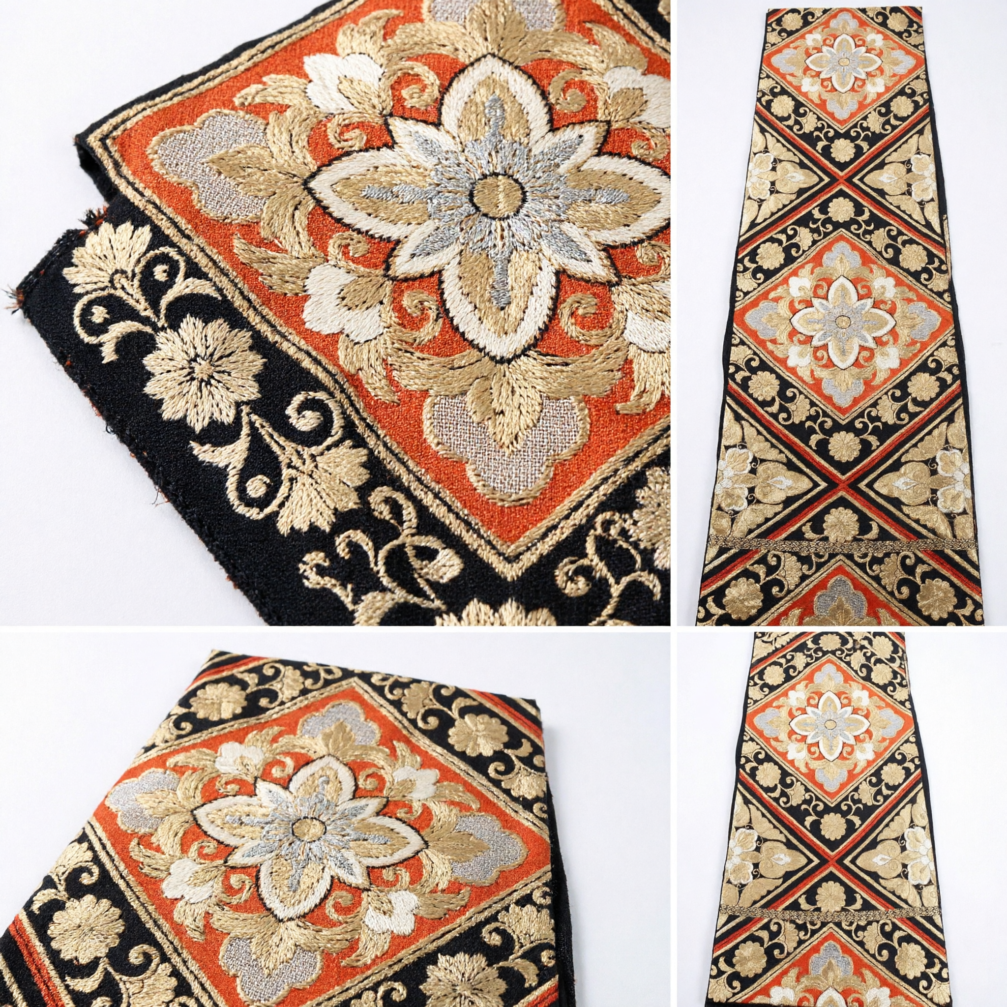 Traditional Chinese Brocade Ribbon Black Gold Floral Diamond Pattern Sash for Hanfu Costume Accessories - Asian Costume