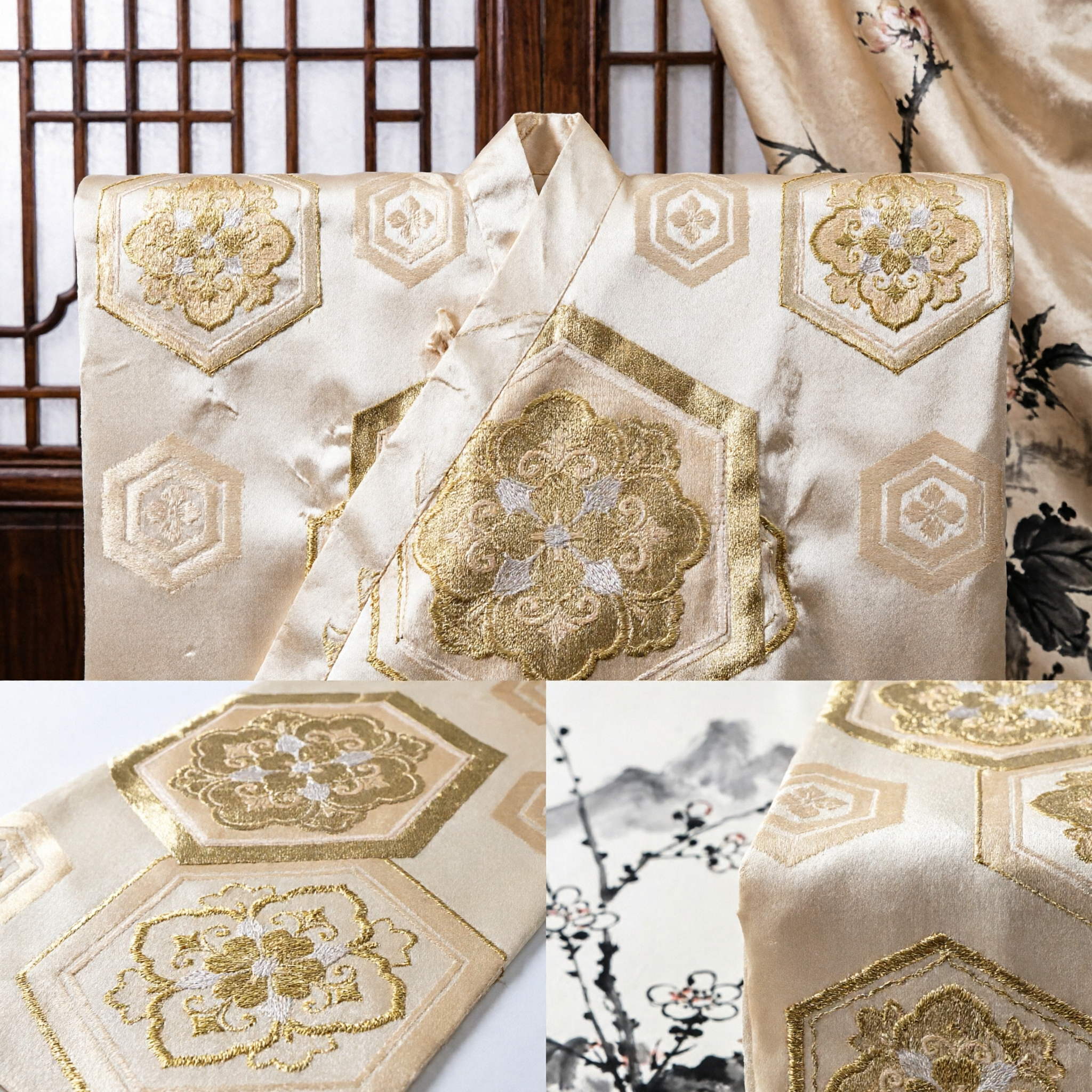 Traditional Chinese Gold Brocade Hanfu Sash Floral Hexagon Pattern Costume Accessory for Women and Festivals - Asian Costume