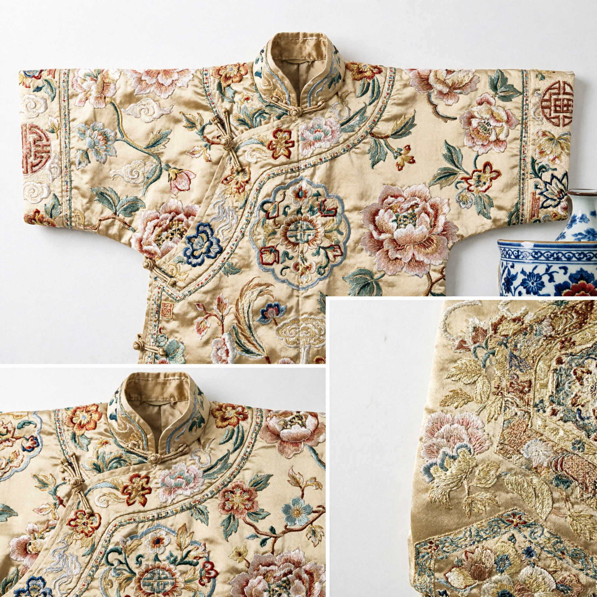 Traditional Chinese Gold Silk Brocade Fabric Ribbon with Floral Pattern for Hanfu Sash and Costume Accessories - Asian Costume