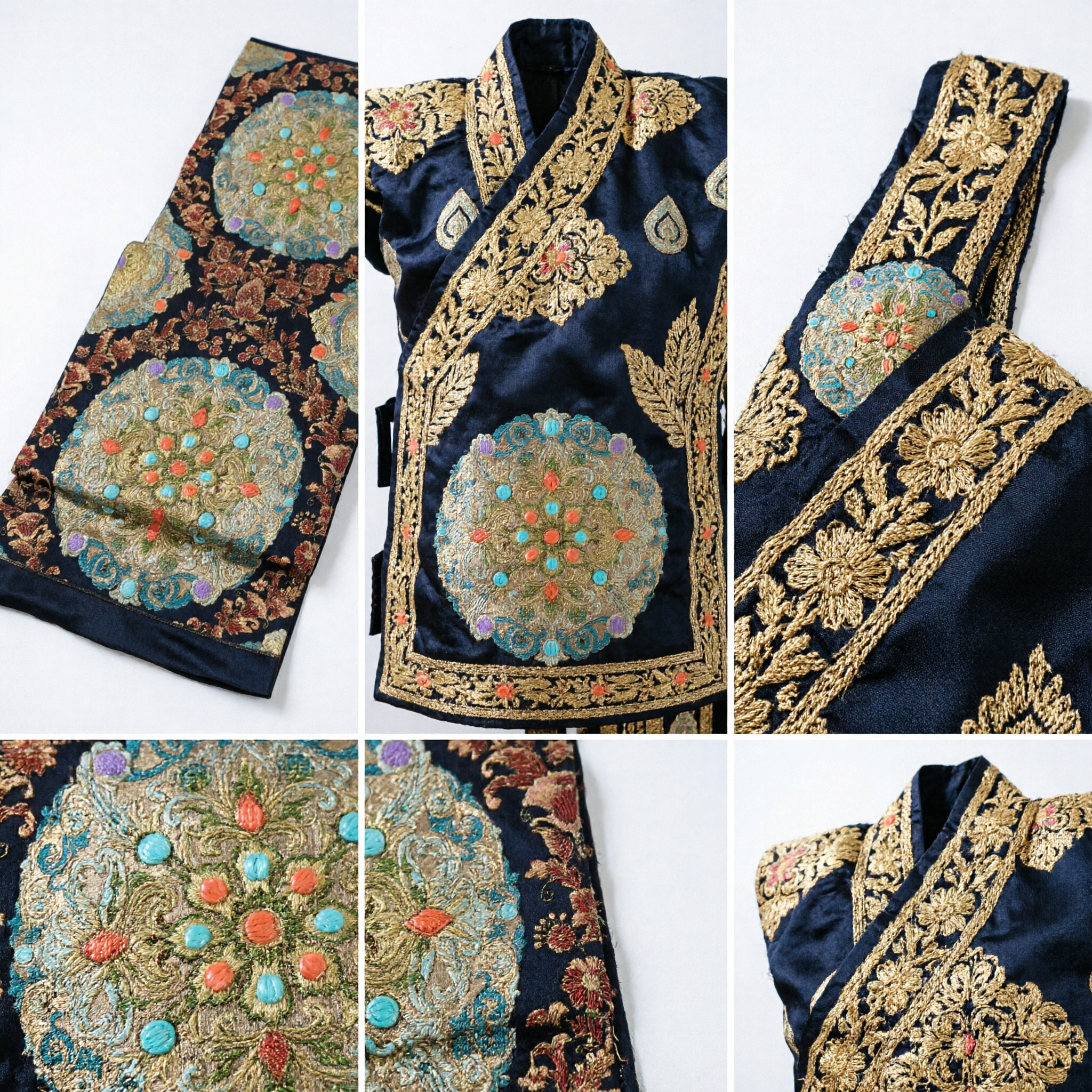 Traditional Chinese Black Brocade Fabric with Gold Floral Roundels for Hanfu Costume Making and Wedding Decor - Asian Costume