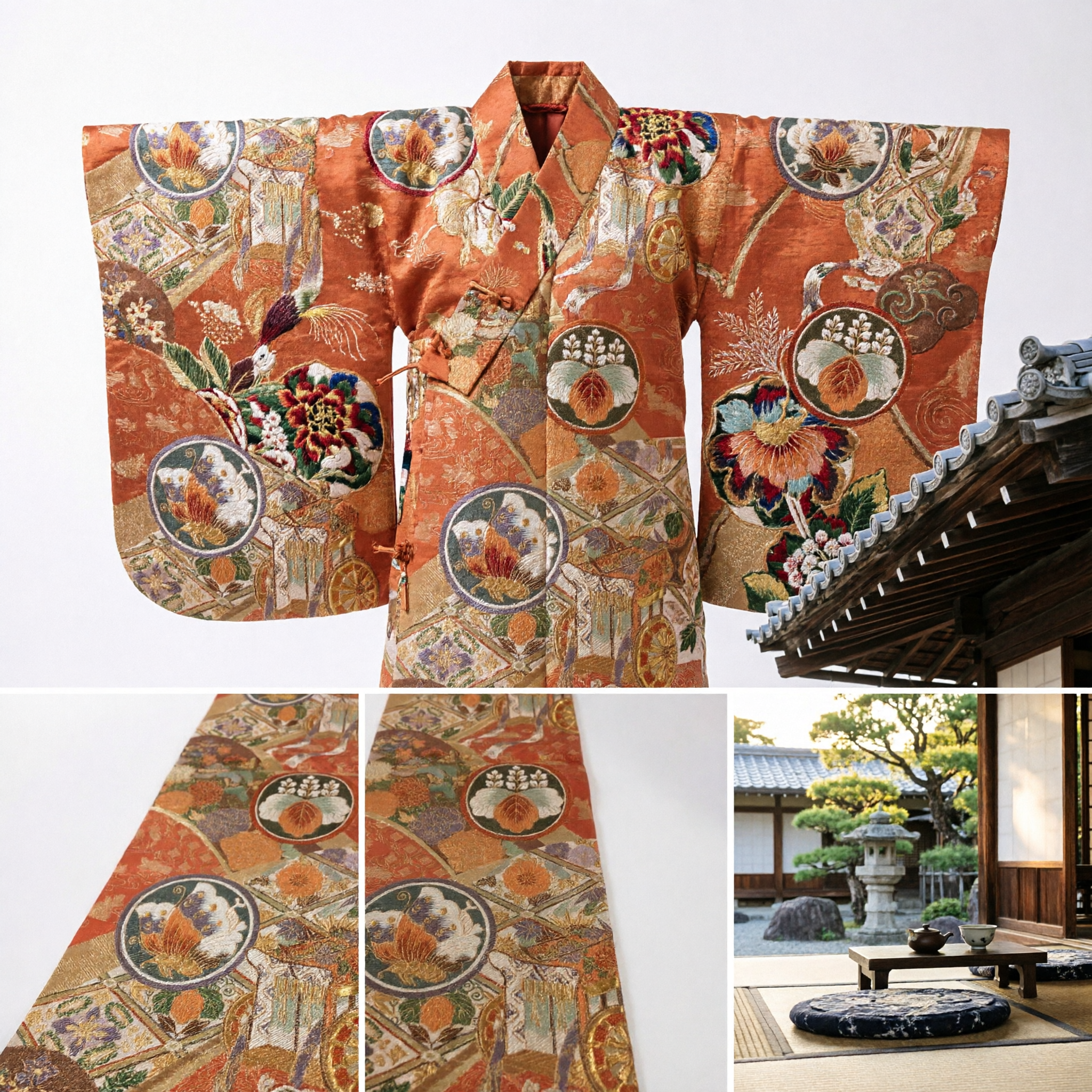 Traditional Asian Brocade Sash Belt Gold Orange Floral Fan Pattern for Kimono Hanfu Table Runner Decor - Asian Costume