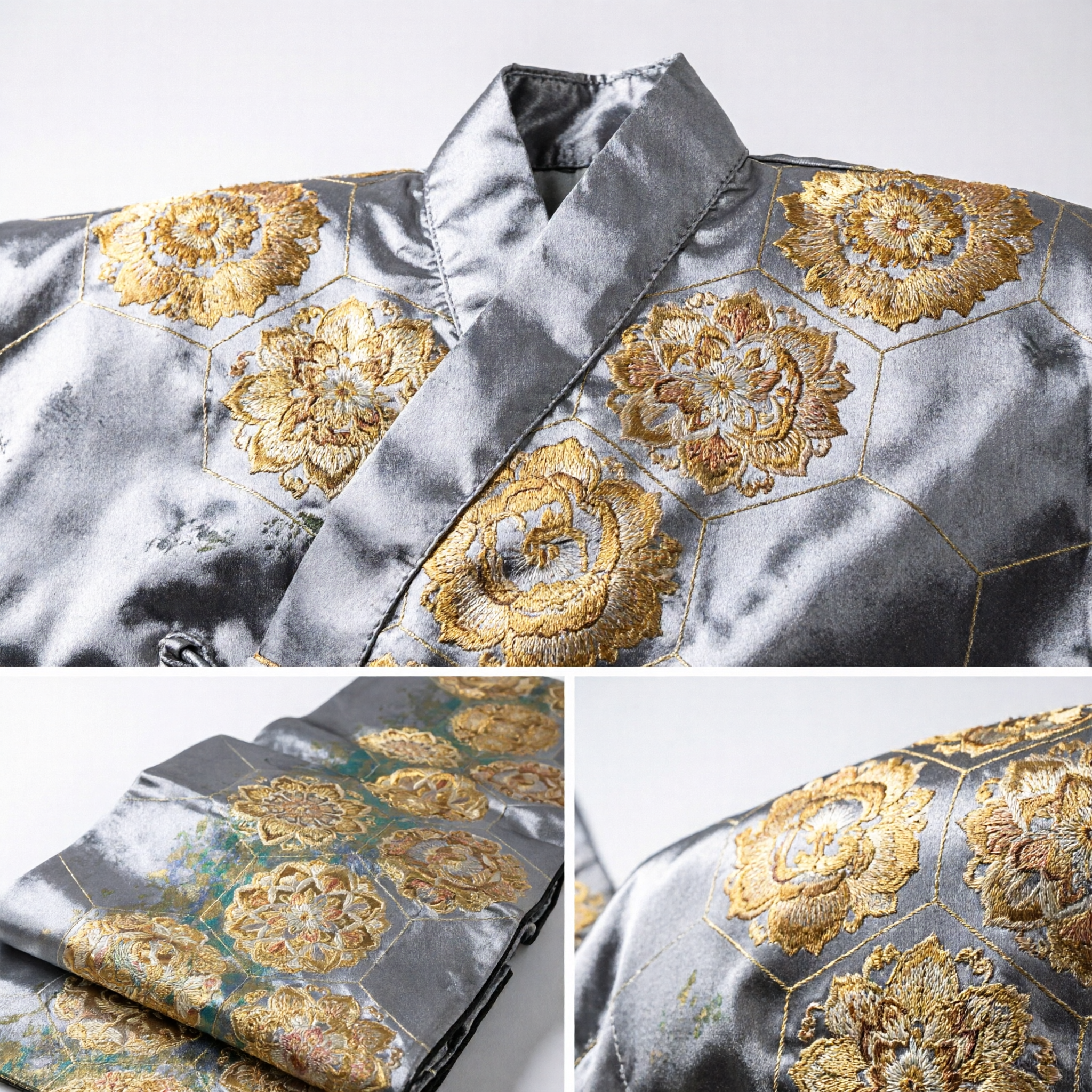 Asian Chinese Traditional Silk Brocade Fabric Grey Gold Floral Pattern for Hanfu Qipao Costume DIY Material - Asian Costume