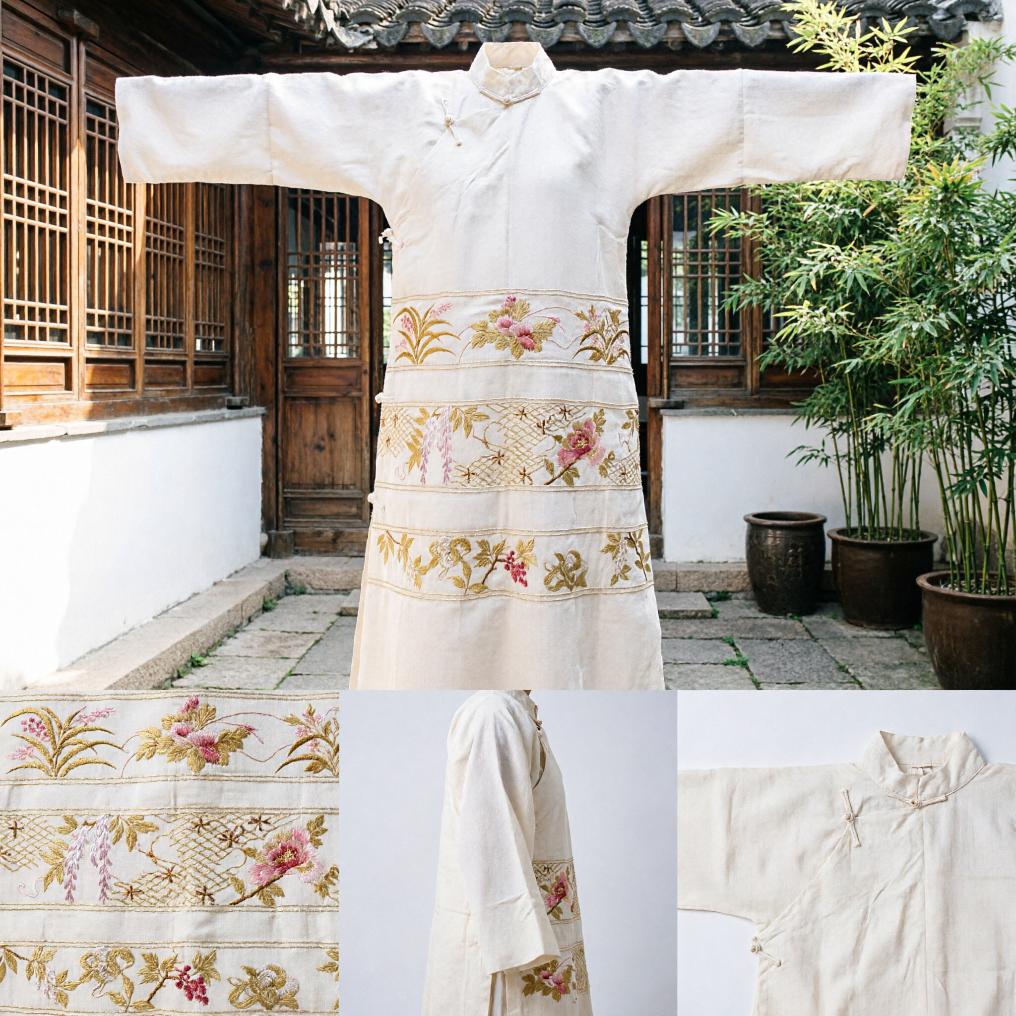 Traditional Chinese White Hanfu Robe with Exquisite Gold Floral Embroidery for Wedding and Tea Ceremony - Asian Costume