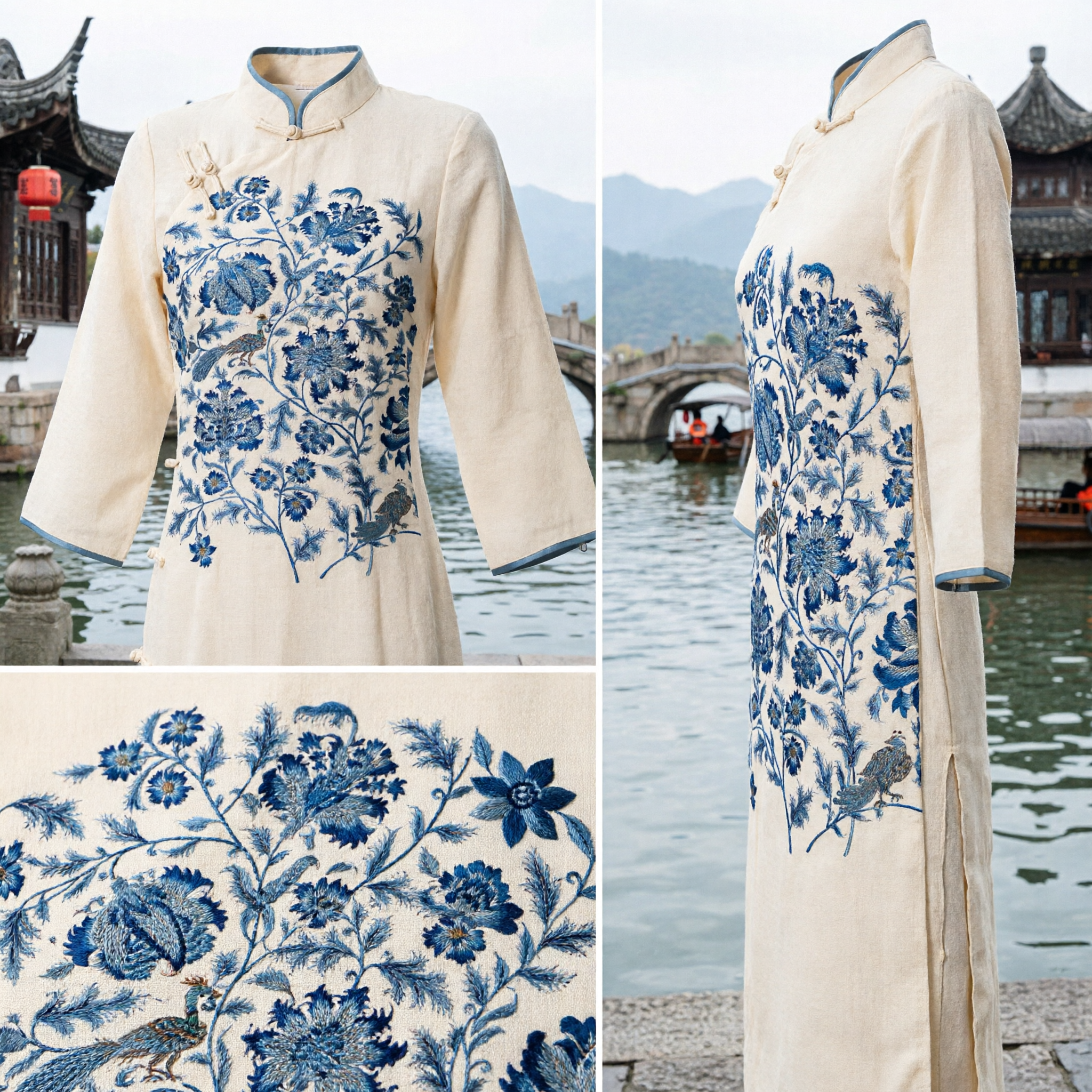 Traditional Chinese Blue and White Floral Silk Fabric Panel for Hanfu Costume Making and Cultural Accessories - Asian Costume