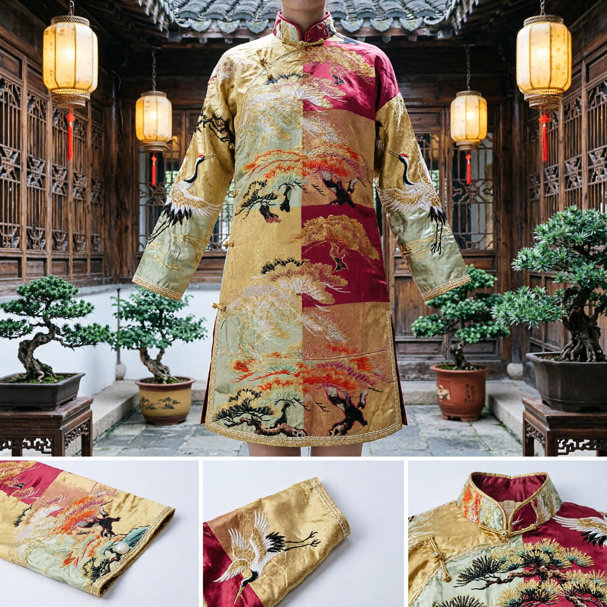Traditional Chinese Red and Gold Silk Brocade Sash Belt Pine Tree Pattern for Hanfu - Asian Costume