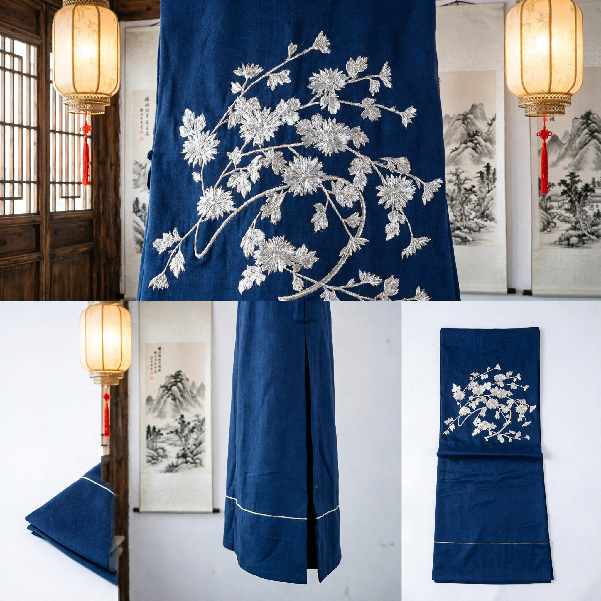 Traditional Chinese Navy Blue Silk Fabric with Delicate White Floral Embroidery for Hanfu Costume Making - Asian Costume