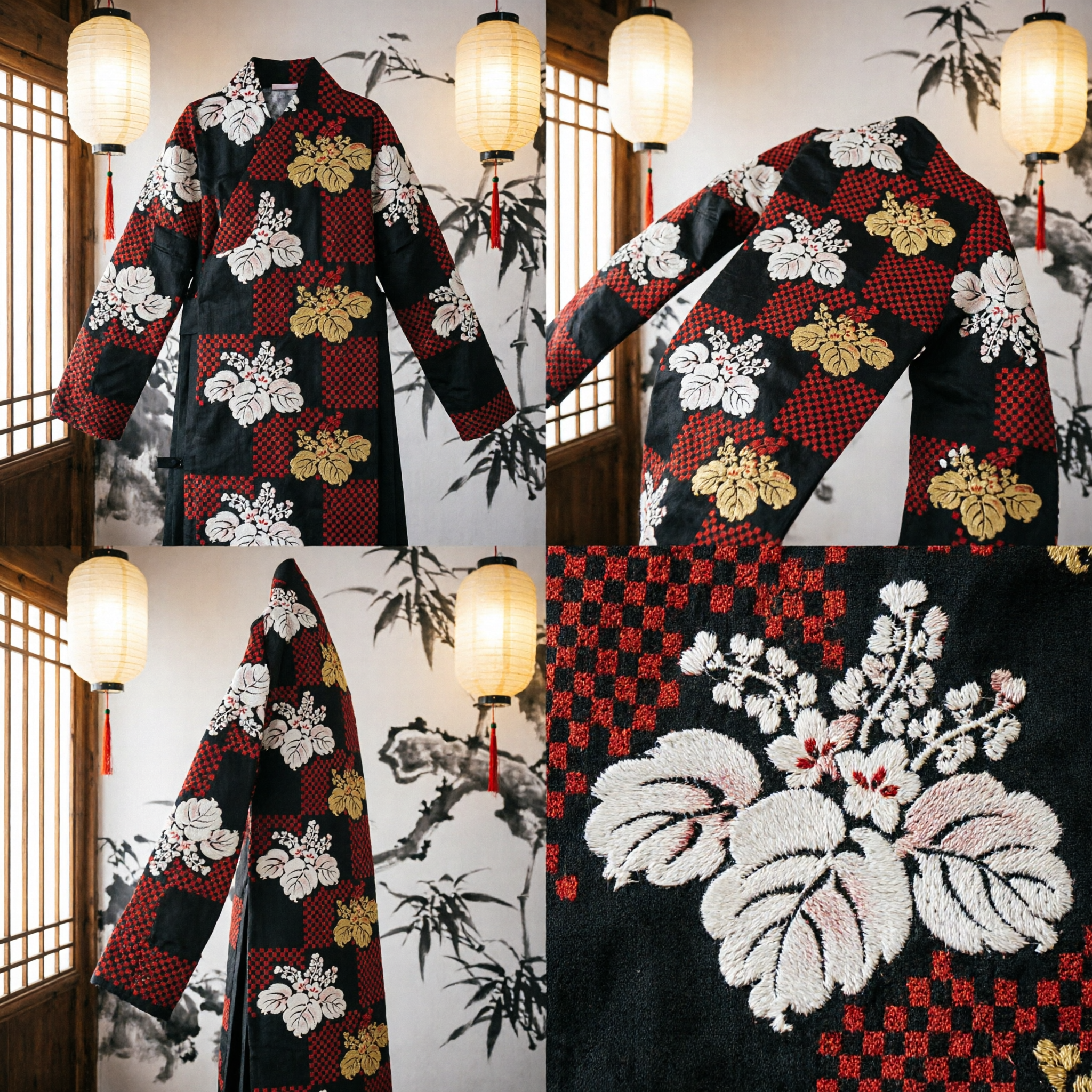 Traditional Japanese Kimono Obi Sash Red Black Checkerboard Floral Pattern Belt for Women Cosplay - Asian Costume