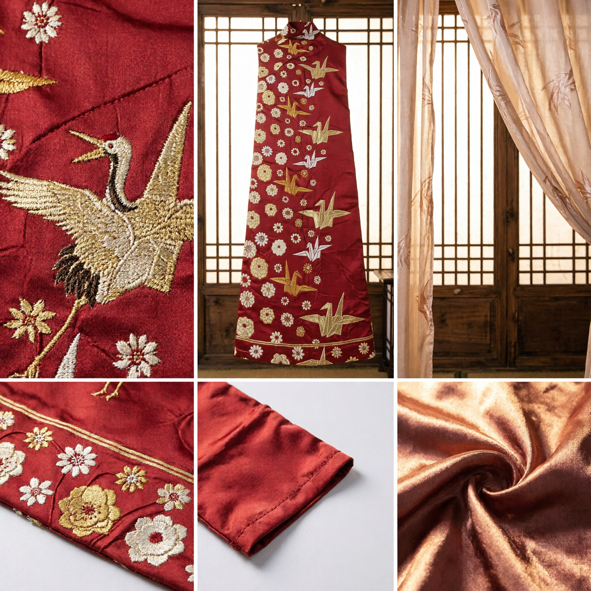 Asian Traditional Red Brocade Sash with Gold Crane and Floral Motifs for Hanfu Costume - Asian Costume