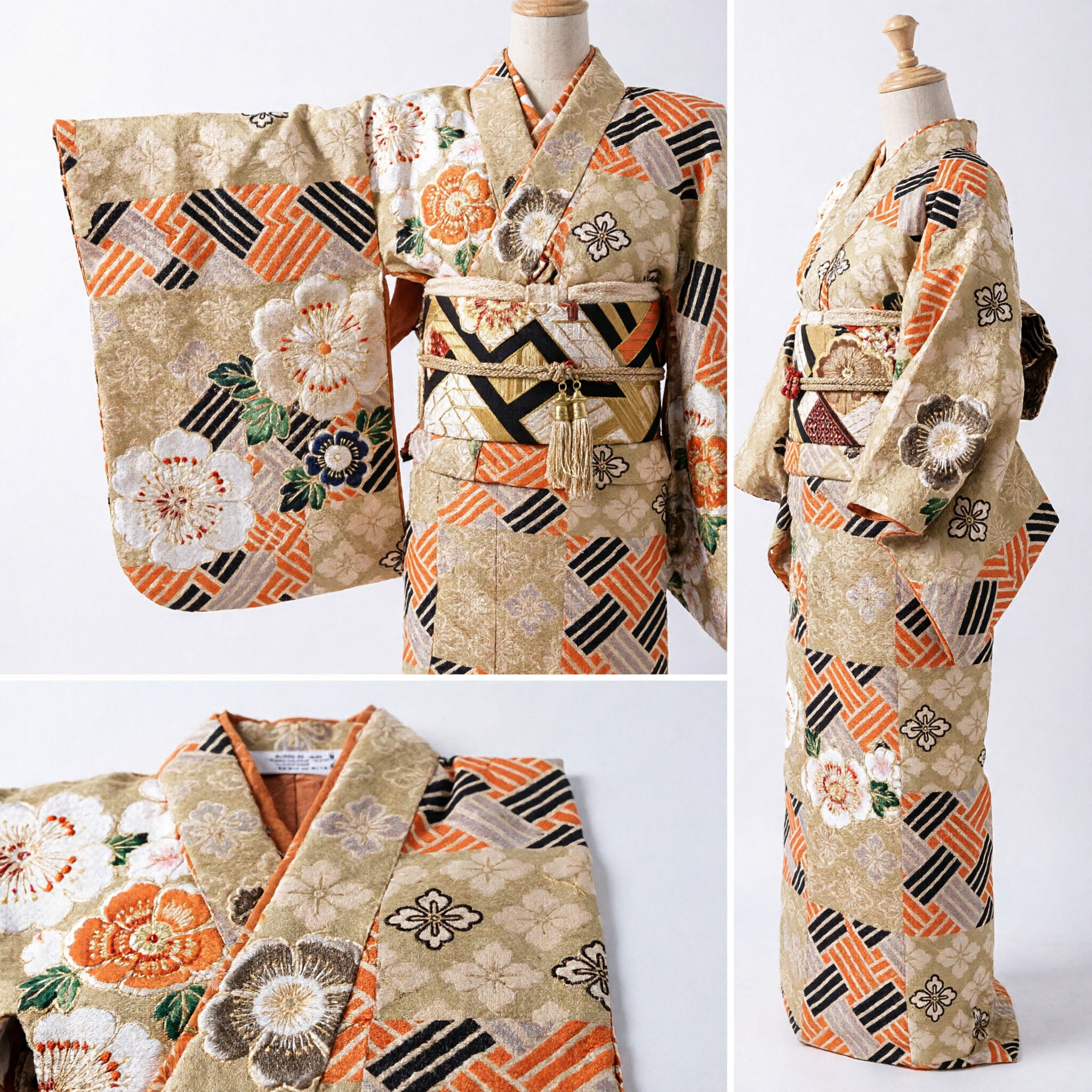 Elegant Traditional Japanese Kimono Obi Sash featuring Gold Floral and Orange Geometric Patterns for Women - Asian Costume