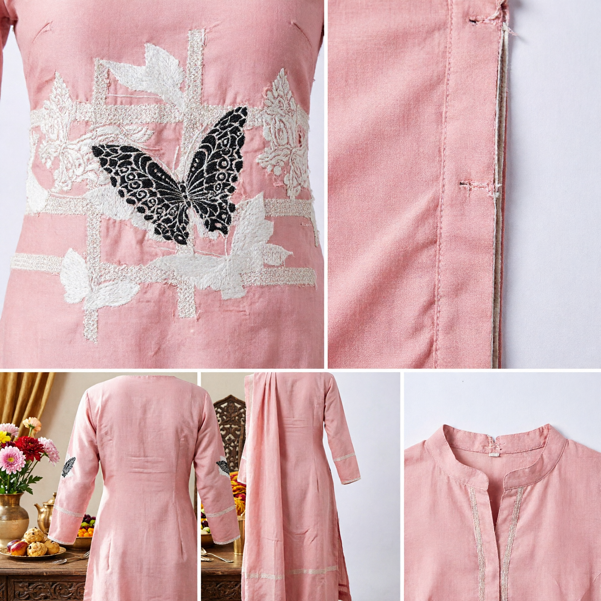 Elegant Pink Silk Scarf with Black Butterfly Embroidery Traditional Chinese Hanfu Qipao Accessory for Women - Asian Costume