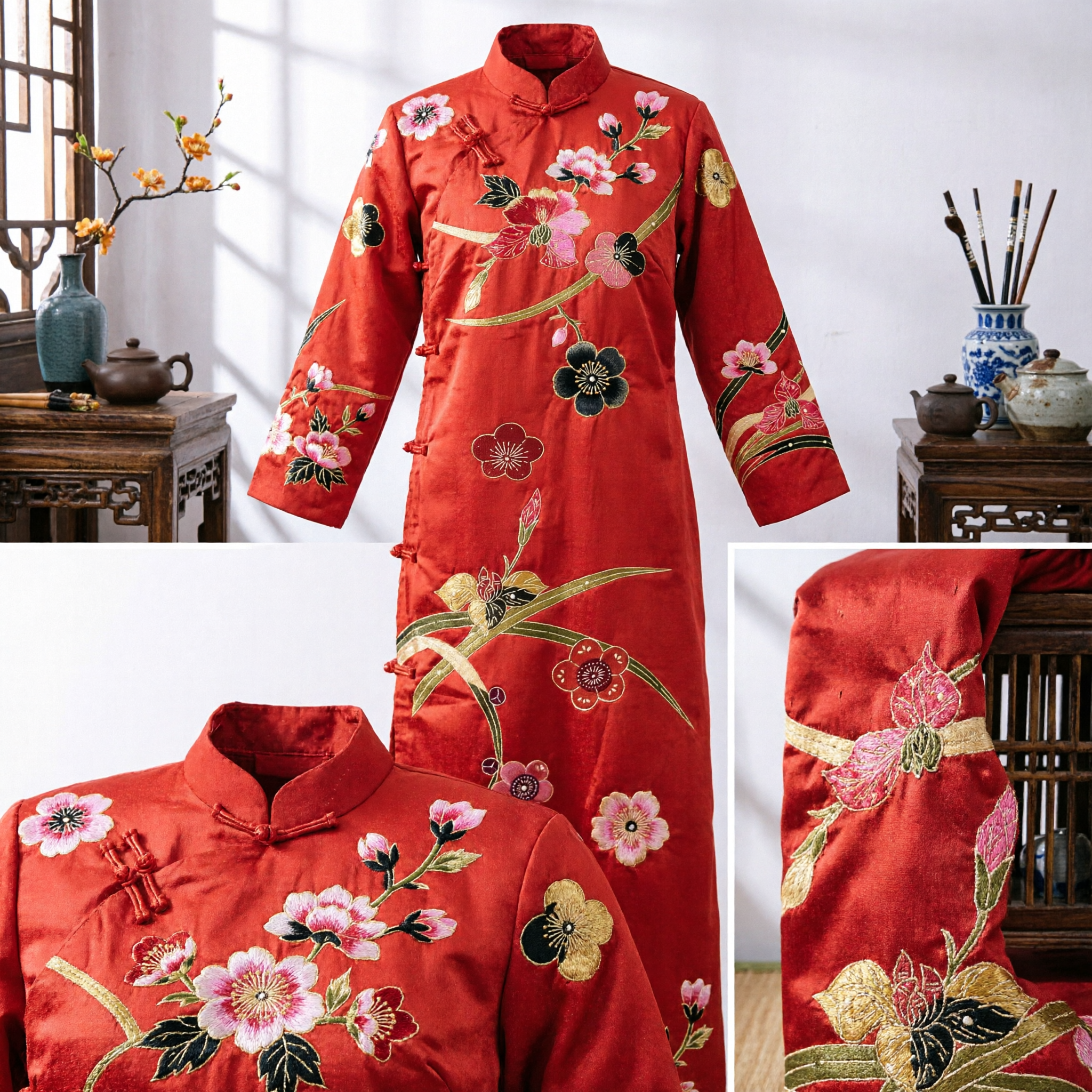 Traditional Chinese Red Silk Sash Plum Blossom Pattern Hanfu Costume Belt Accessory for Women - Asian Costume
