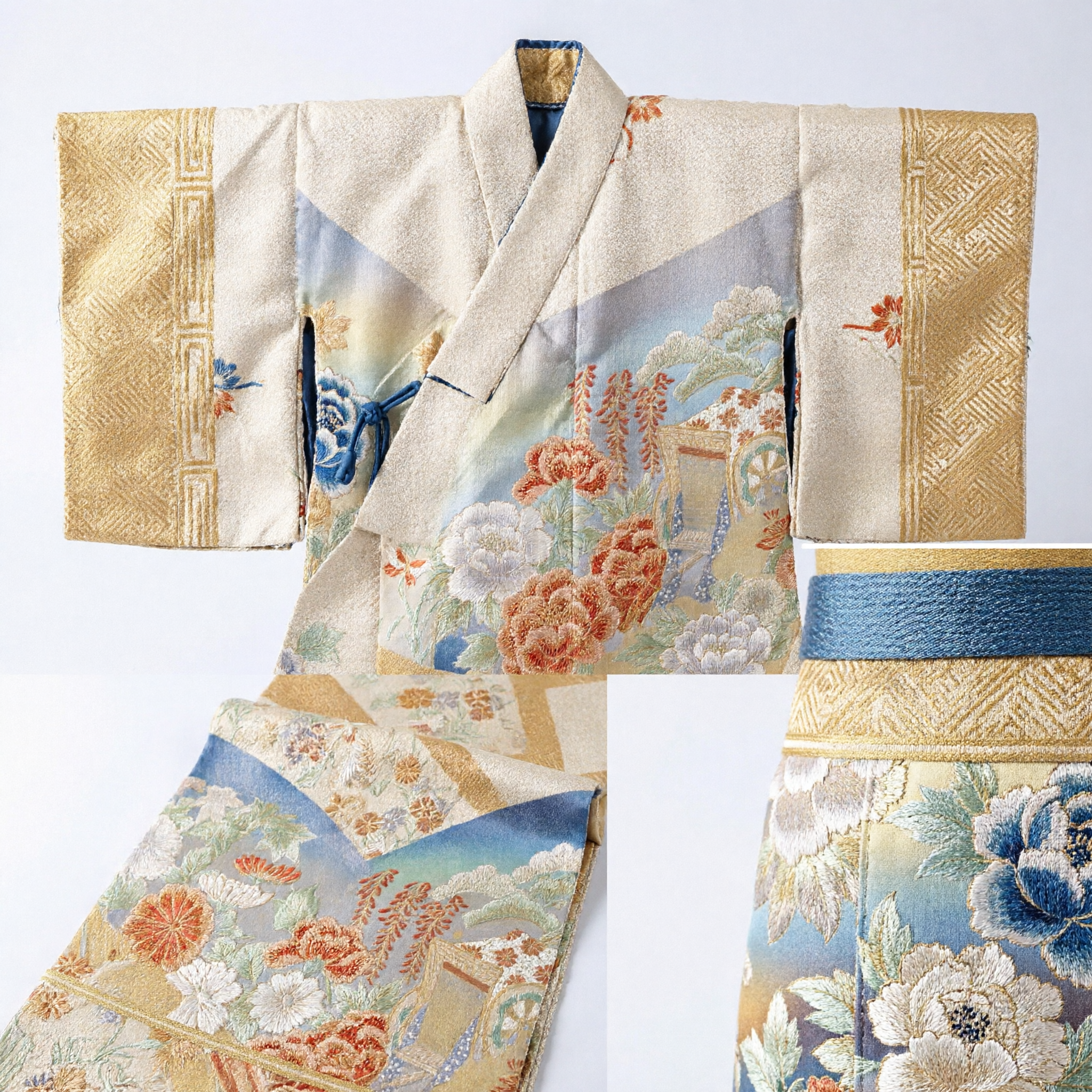 Elegant Traditional Japanese Silk Kimono Obi Sash Gold Floral Fan Design for Women Formal Wear - Asian Costume