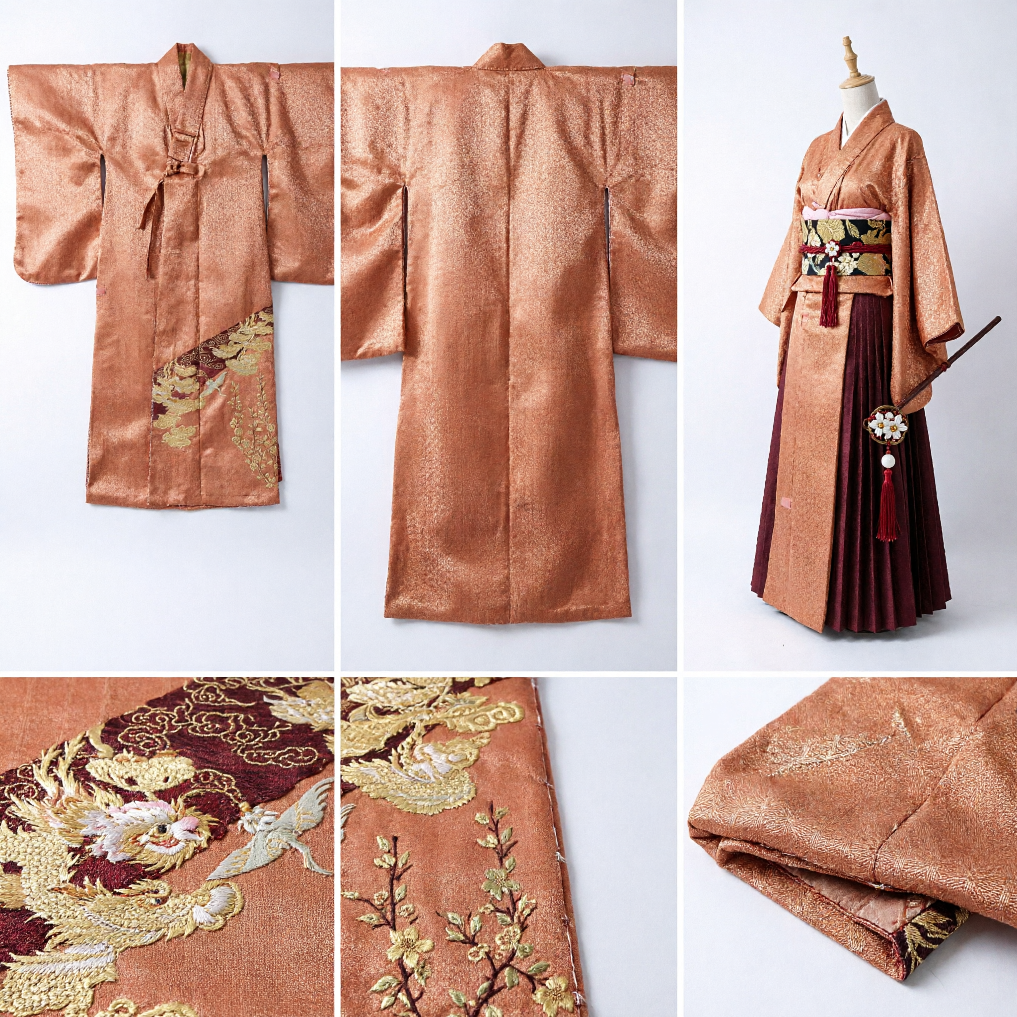 Traditional Chinese Orange Brocade Fabric Gold Pine Tree Motif for Hanfu Robe Sash DIY Sewing - Asian Costume