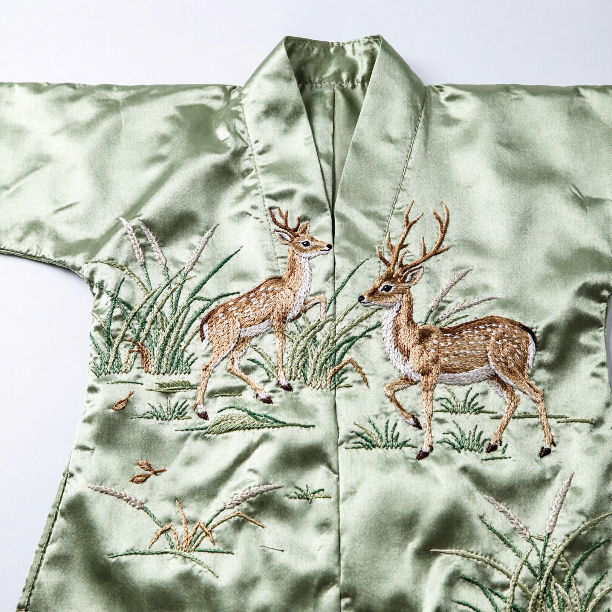 Traditional Chinese Green Silk Table Runner with Double Deer Embroidery for Tea Ceremony and Home Decor - Asian Costume