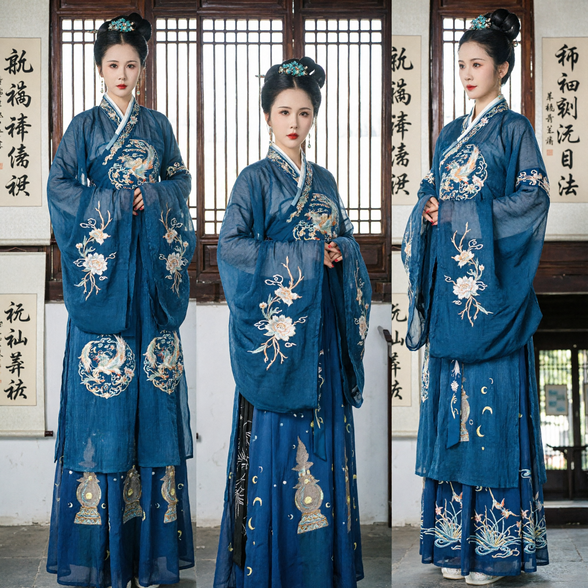 Elegant Blue Traditional Chinese Hanfu Dress Ancient Song Dynasty Embroidered Wide Sleeve Costume for Stage Performance - Asian Costume