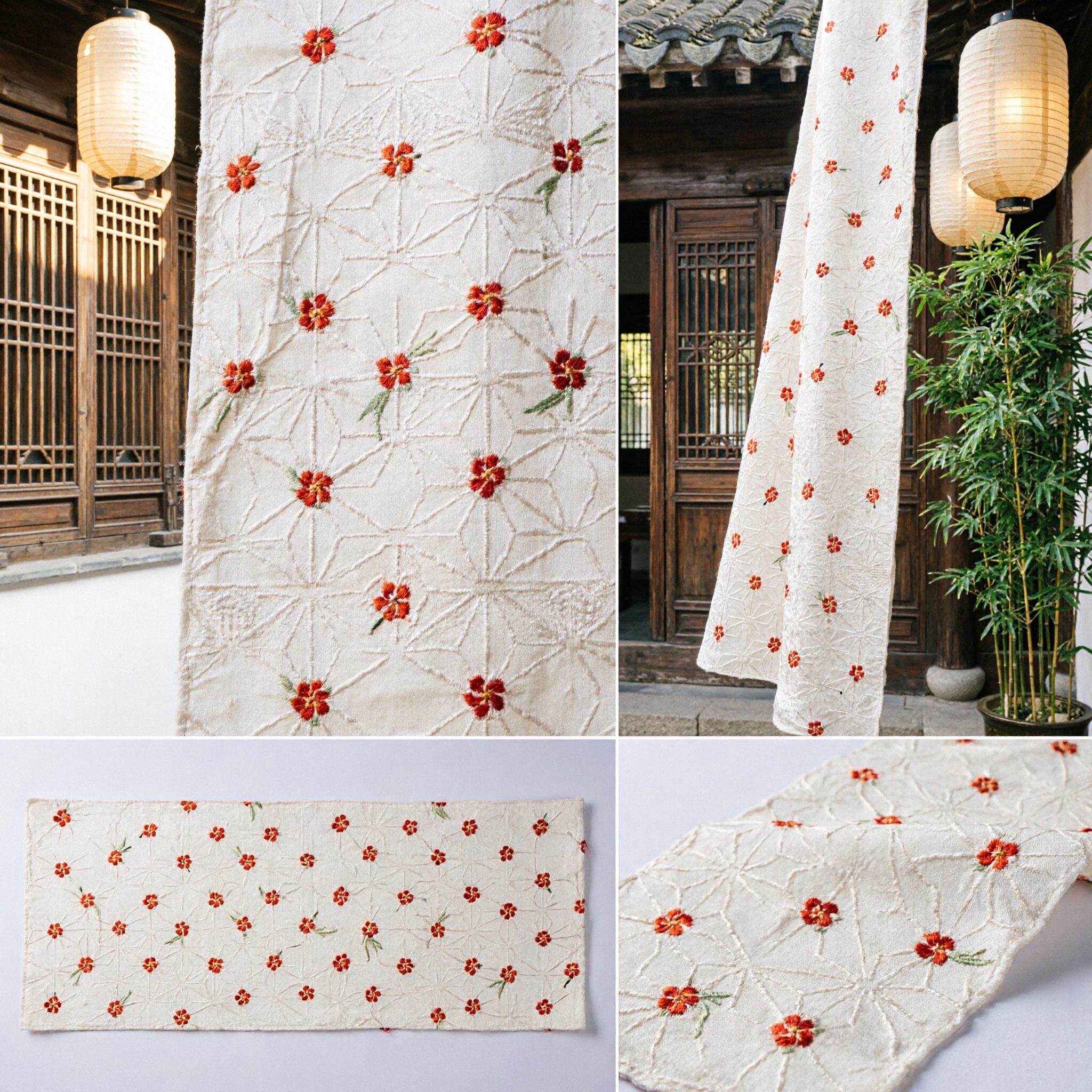 Traditional Chinese Hanfu Cream Silk Waist Sash with Red Floral Pattern Classical Costume Accessory - Asian Costume