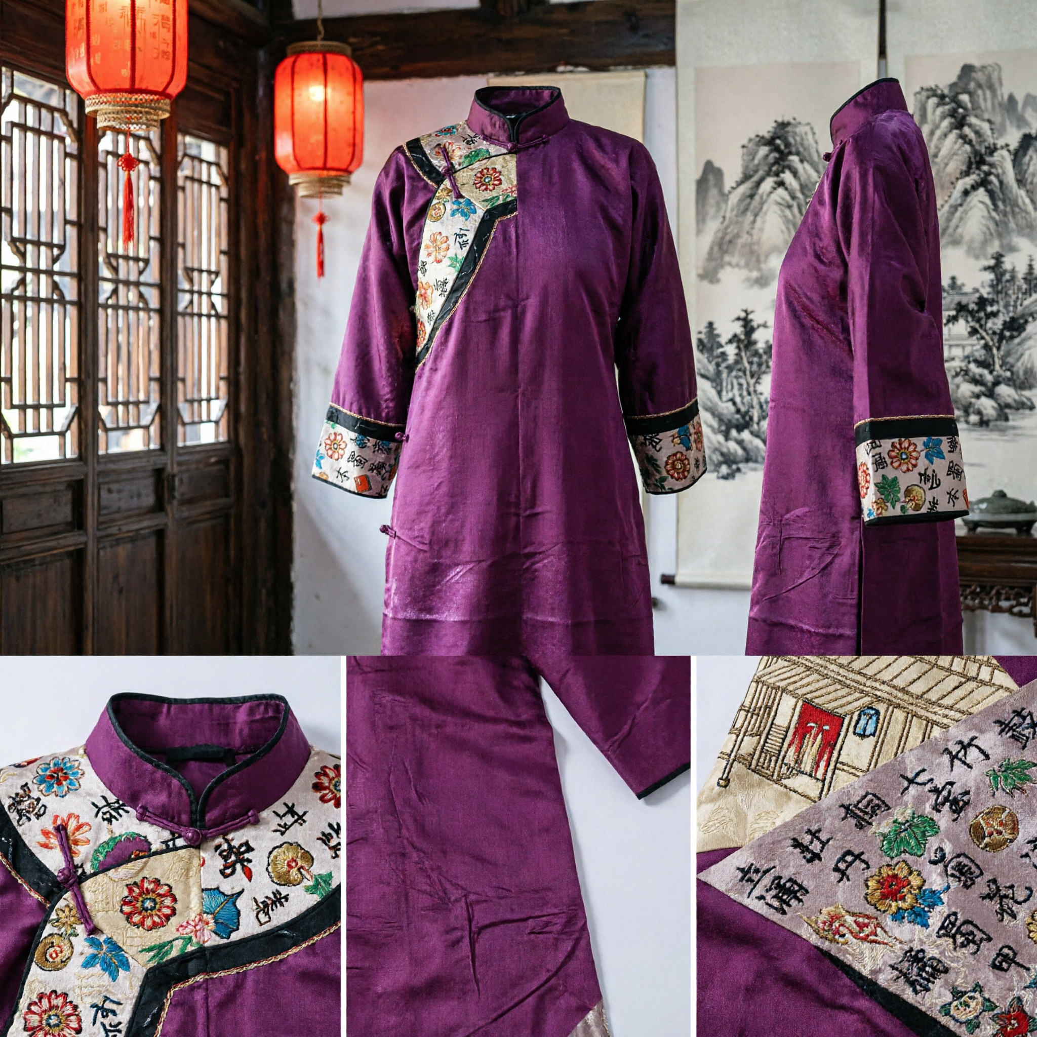Traditional Chinese Hanfu Purple Silk Sash with Calligraphy and Architecture Print for Women Costume - Asian Costume