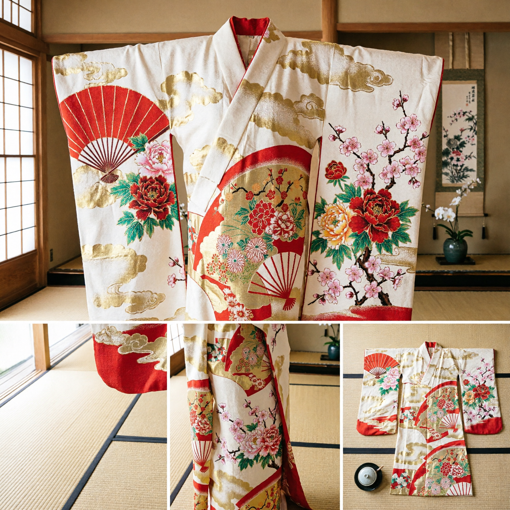 Traditional Japanese Kimono Obi Sash Gold Brocade Red Fan Floral Pattern Costume Accessory for Women - Asian Costume