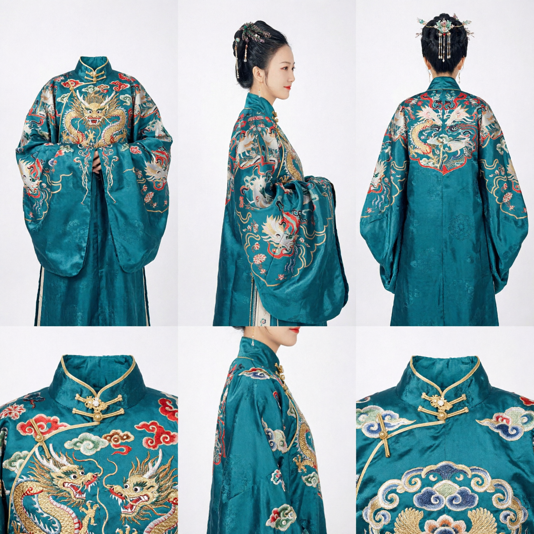 Traditional Chinese Hanfu Ming Dynasty Style Teal Brocade Robe with Crane Embroidery Historical Costume for Women - Asian Costume