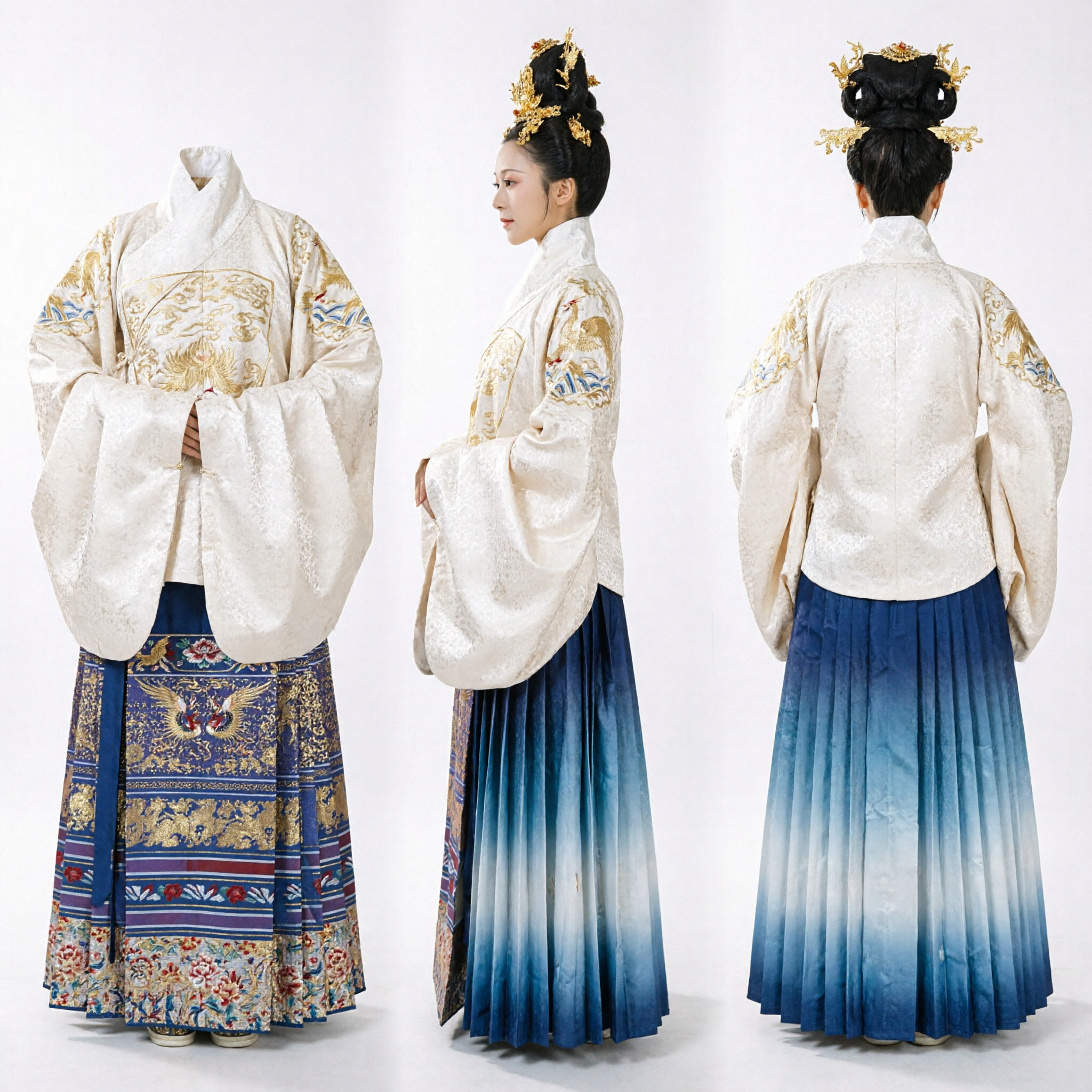 Traditional Chinese Ming Dynasty Hanfu Costume White Cross-Collar Top Blue Embroidered Skirt Ancient Princess Dress for Women - Asian Costume