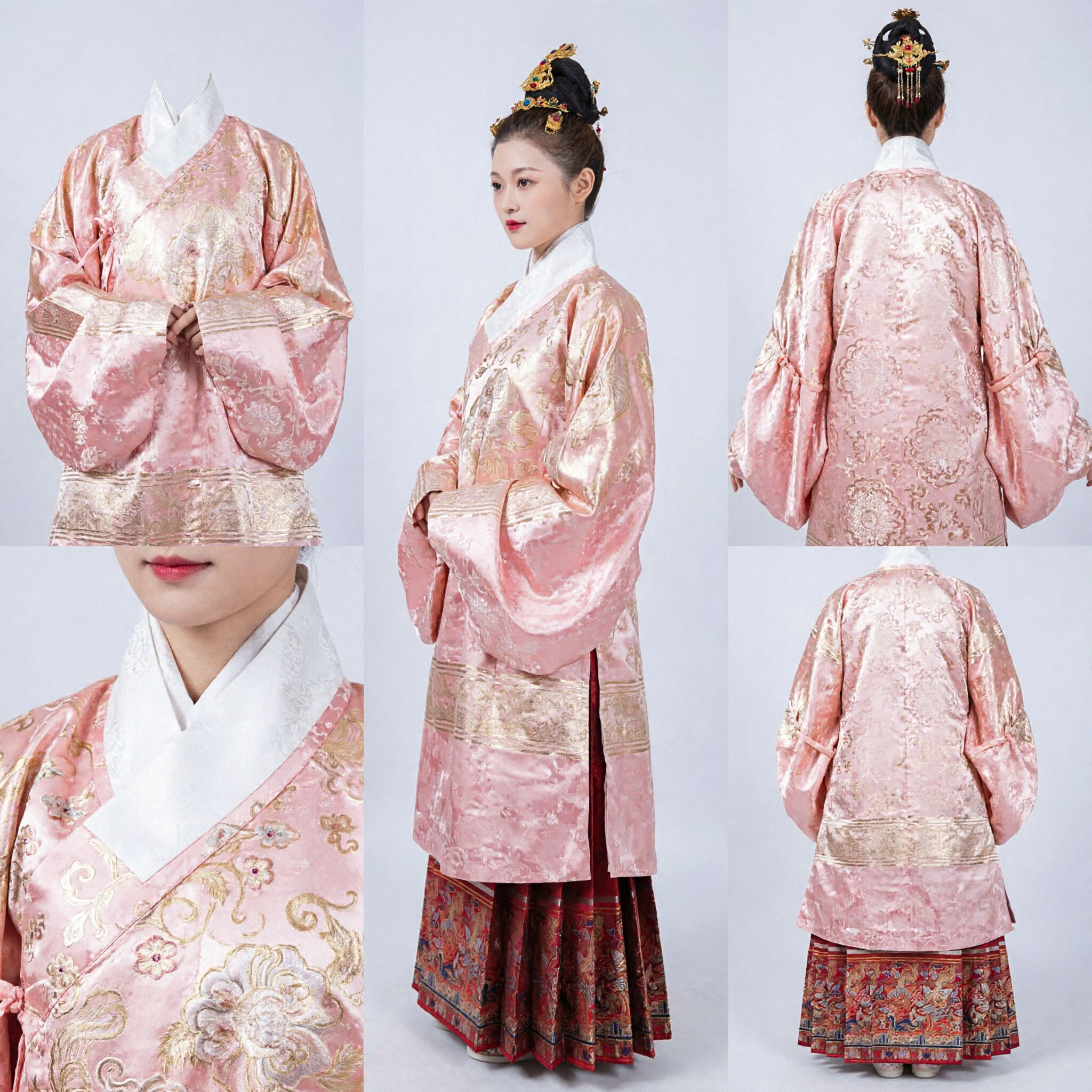 Traditional Chinese Ming Dynasty Hanfu Set Pink Brocade Top and Red Skirt Ancient Costume for Women Wedding - Asian Costume