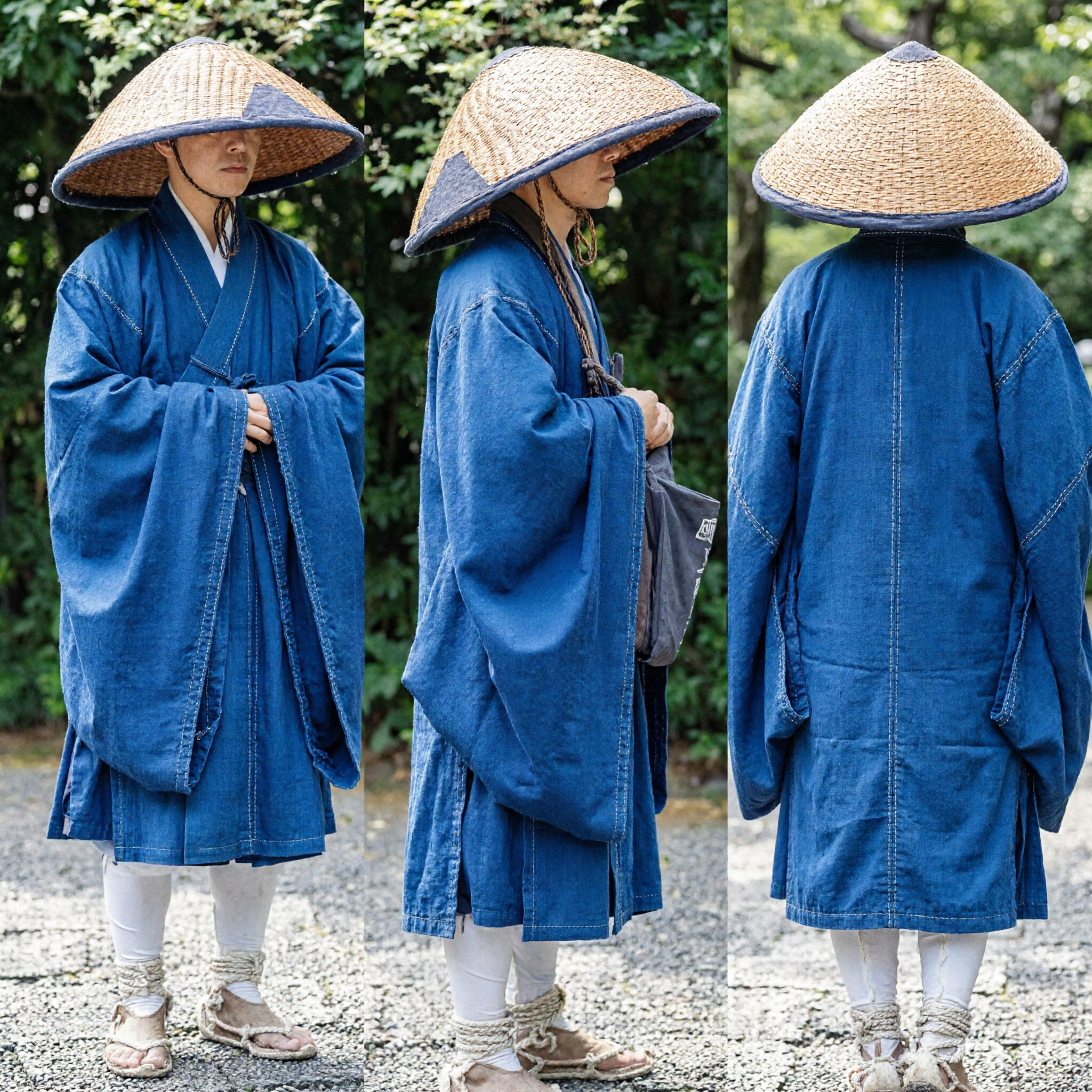 Traditional Asian Buddhist Monk Blue Robe Costume Set with Conical Straw Hat and Leg Wraps for Men - Asian Costume