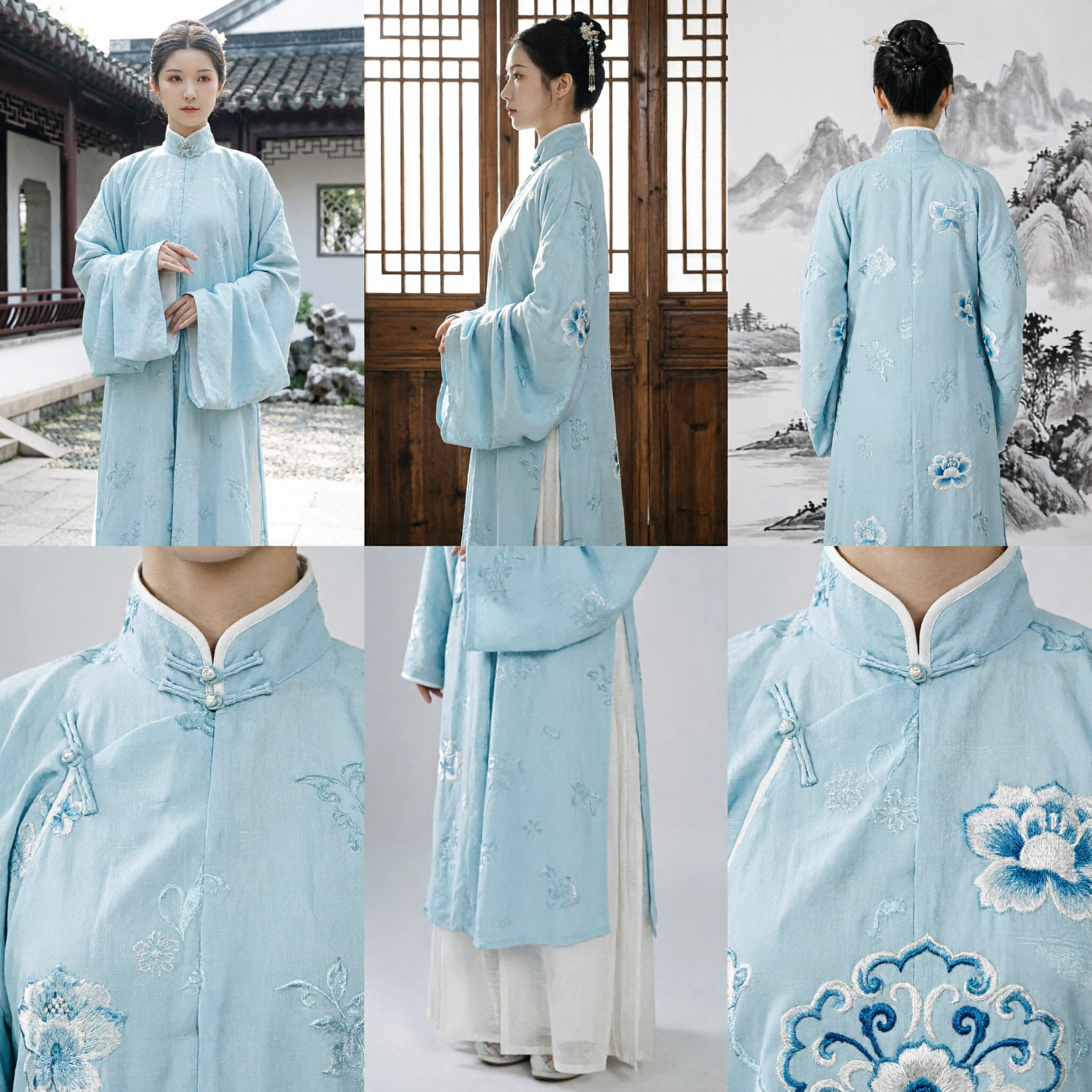 Traditional Chinese Hanfu Ming Dynasty Light Blue Pifeng Coat Embroidered Ancient Costume for Women Photography - Asian Costume