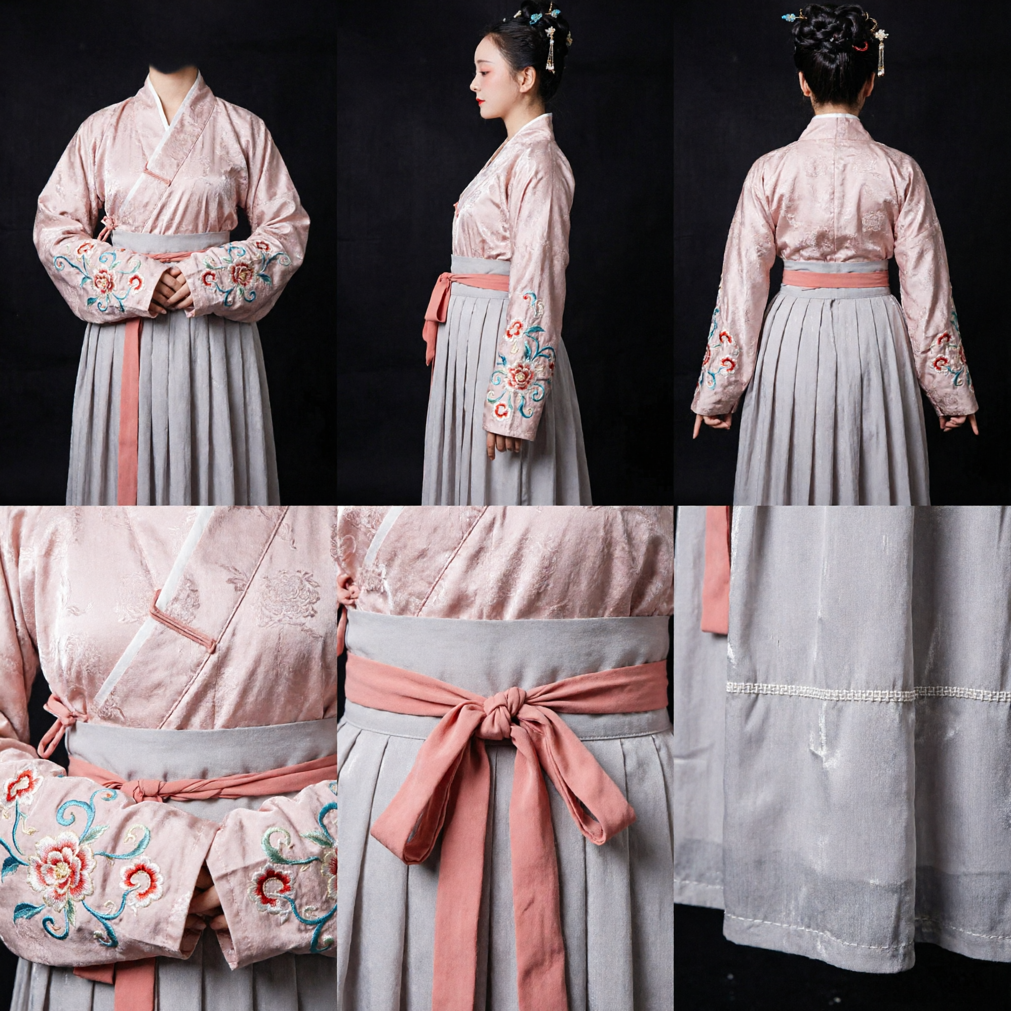 Traditional Chinese Ming Dynasty Hanfu Costume for Women Elegant Pink Top and Grey Pleated Skirt Set - Asian Costume