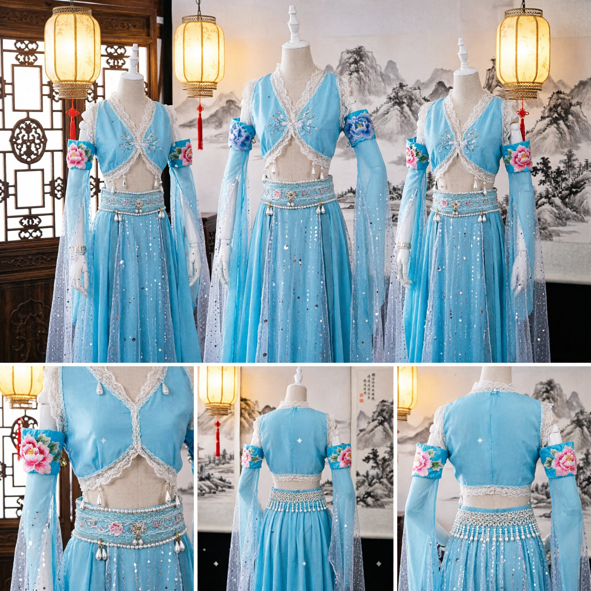Traditional Chinese Blue Dunhuang Fairy Dance Costume Ancient Hanfu Performance Dress for Women Stage Show - Asian Costume
