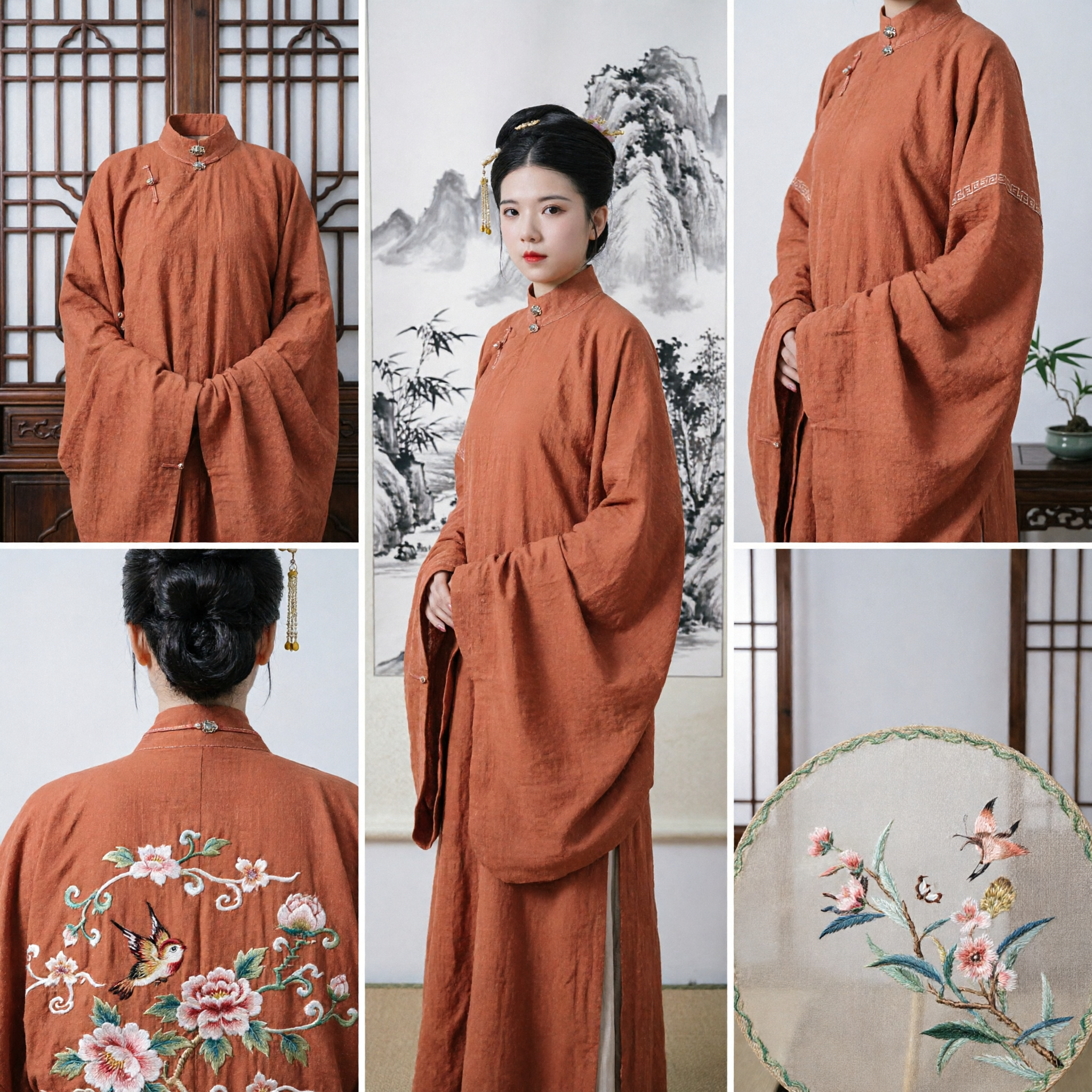 Chinese Traditional Ming Dynasty Hanfu Rust Orange Standing Collar Long Robe Ancient Costume for Women - Asian Costume