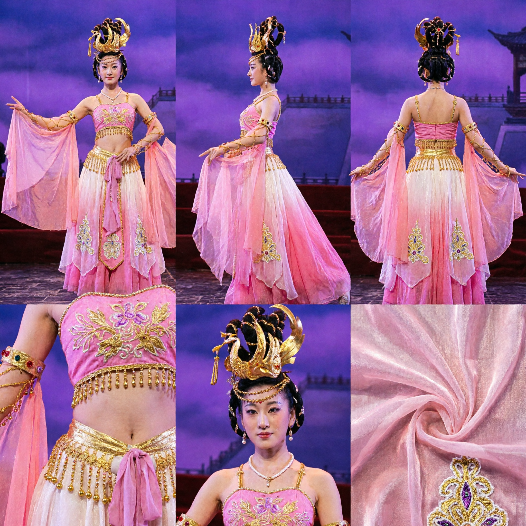Traditional Chinese Dance Costume Pink Dunhuang Flying Apsaras Dress with Gold Headpiece for Stage Performance - Asian Costume