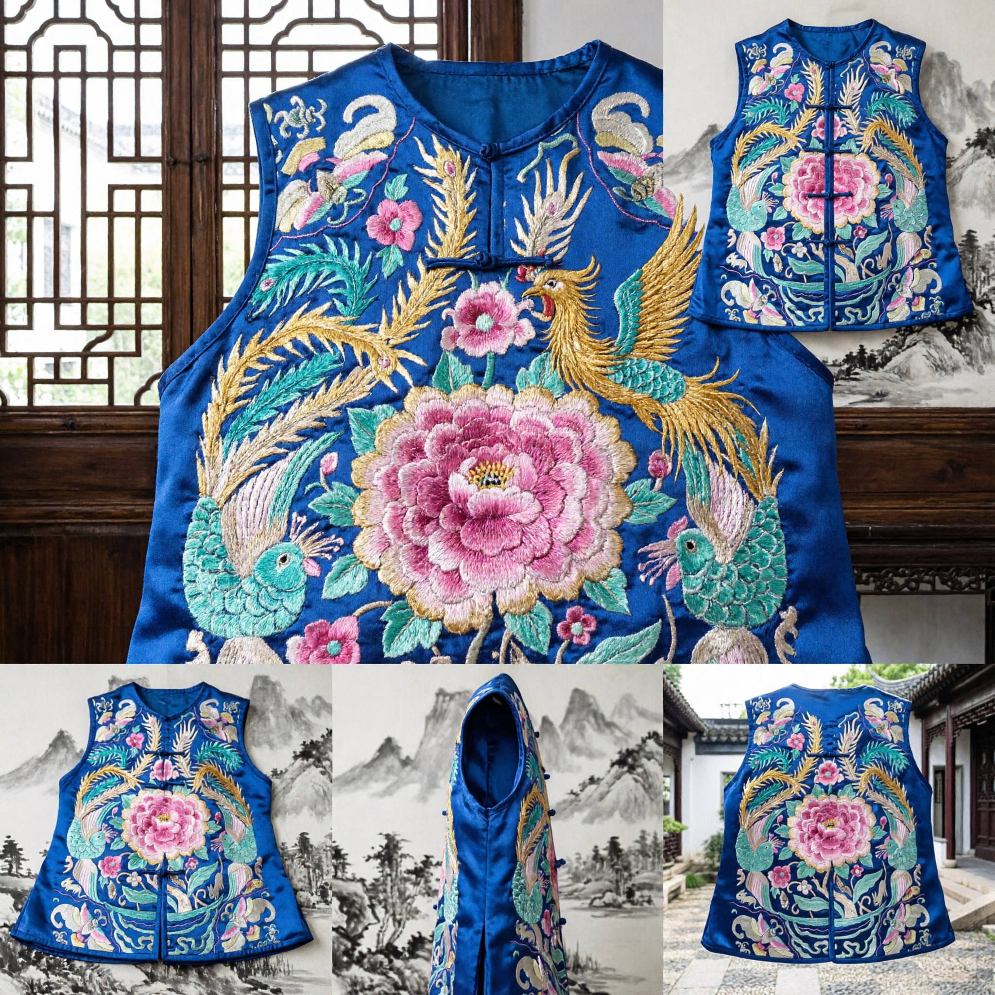 Traditional Chinese Blue Silk Embroidered Vest for Women with Phoenix and Peony Design Tang Suit Top - Asian Costume