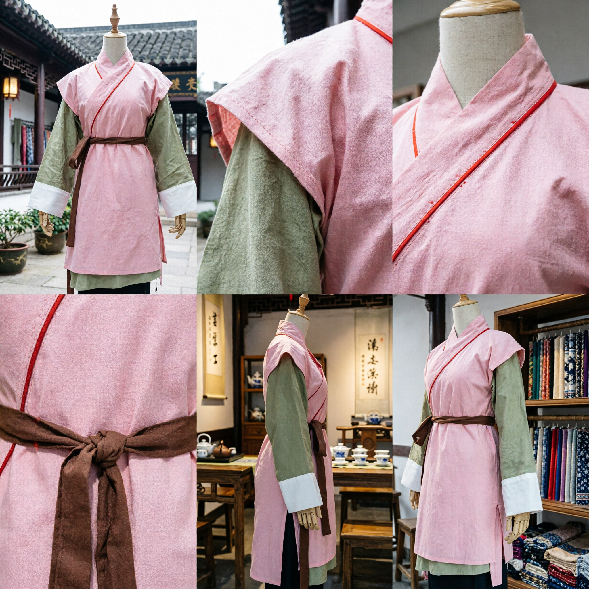 Traditional Chinese Hanfu Costume Pink Cross-Collar Top with Green Sleeves Ancient Clothing for Historical Cosplay - Asian Costume